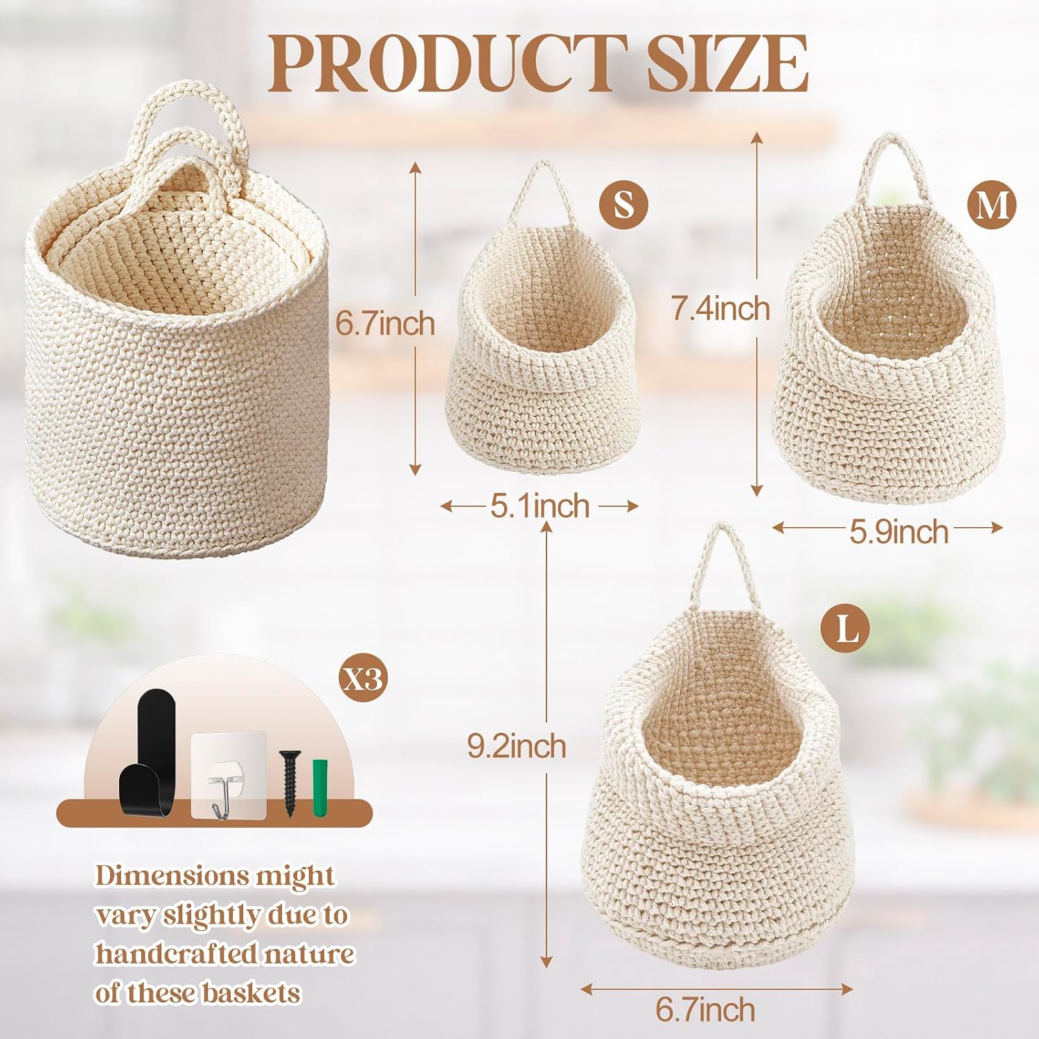 Boho Decor Hanging Wall Baskets / White / Cotton Rope / Barrel / Set of 3