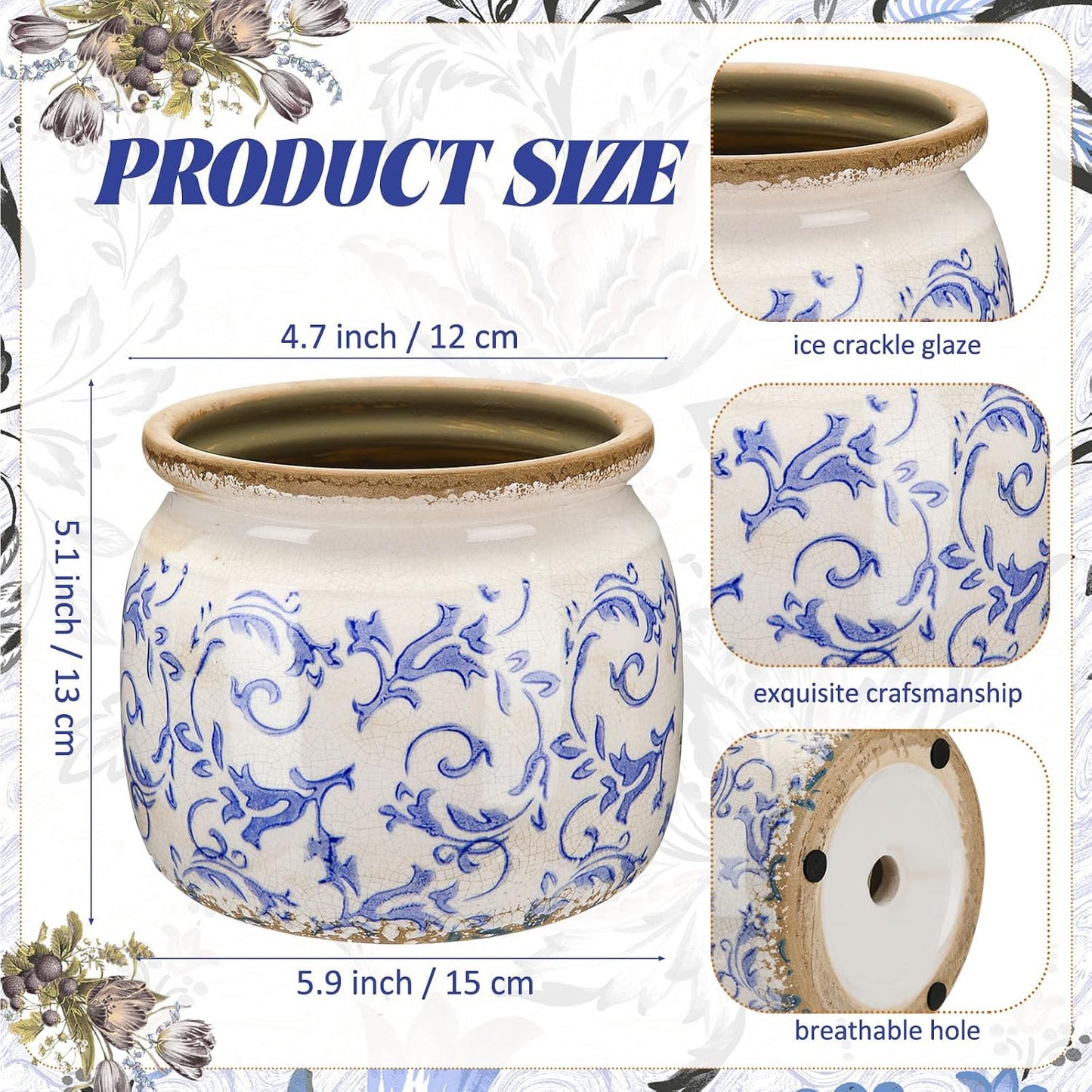 Vintage Planter Large Ceramic Plants Pot Crack Cottage Scroll Vase Flower Vase / Chinoiserie / Blue