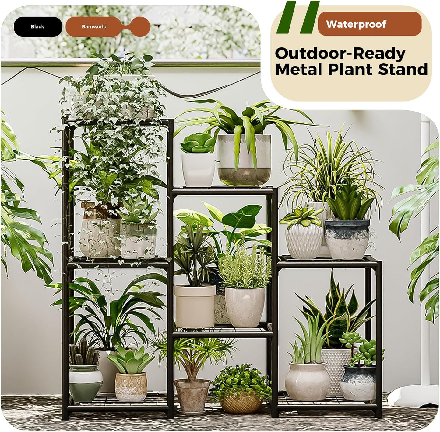 Bamworld Black Plant Stand Outdoor Metal Plant Shelf for Multiple Plants | 3 Tiers Ladder Plant Holder Waterproof for