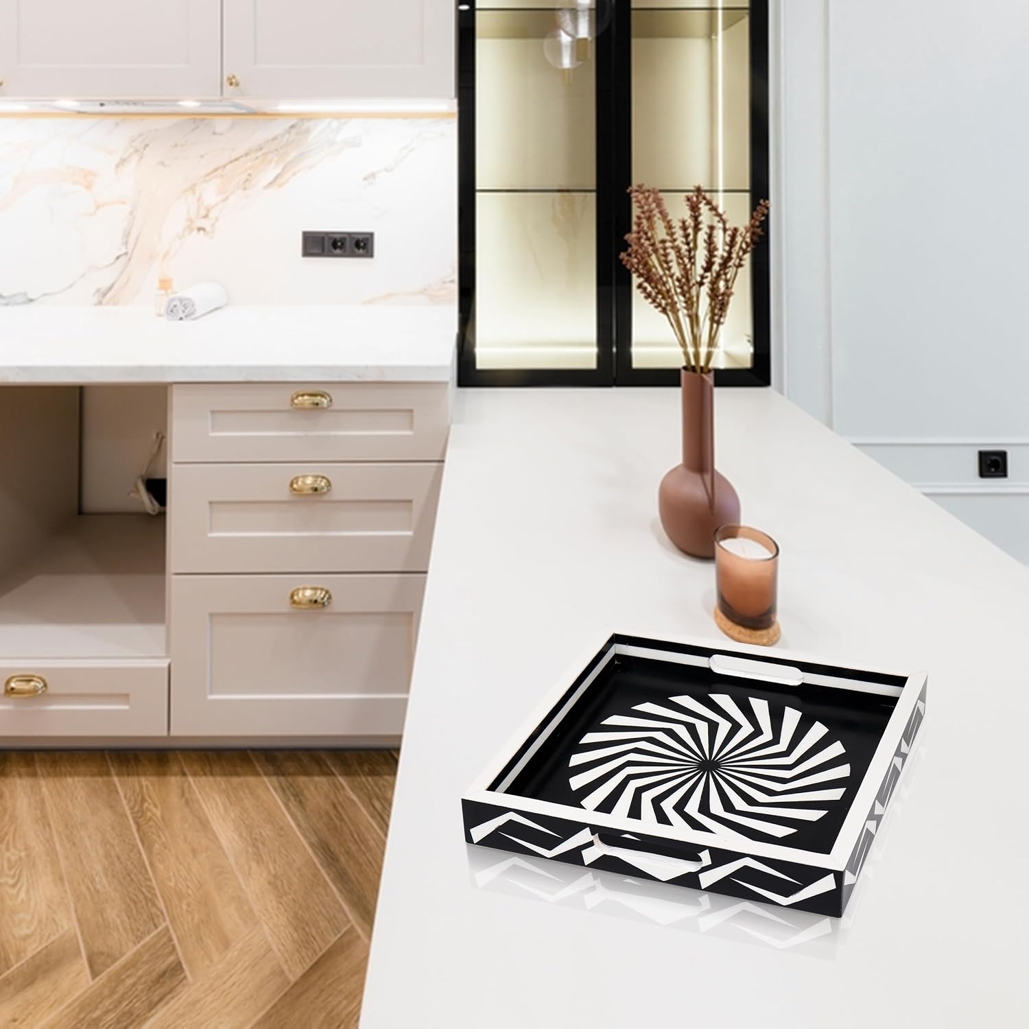 Ottoman Tray / White Decorative Tray / 12 x 12 x 1.5 / Illusion Optic / Black
