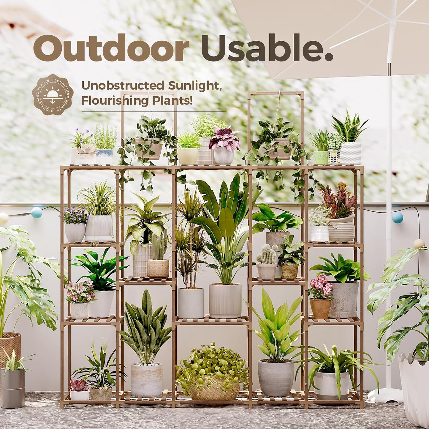 Bamworld Large Plant Shelf Plant Stand Indoor 62.2" Tall Outdoor Plant Holder Wood for Multiple Plants Hanging Plant