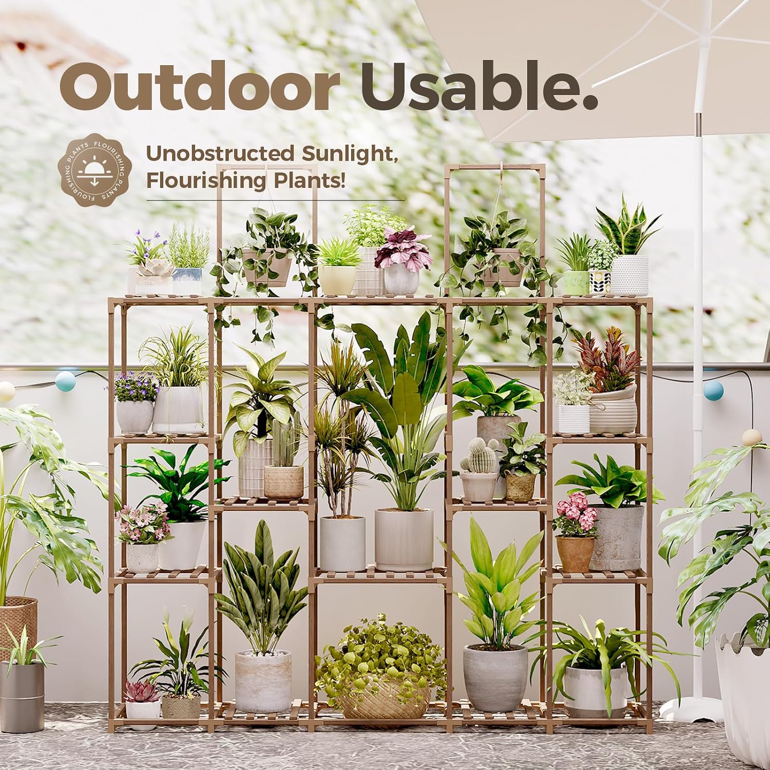 Bamworld Large Plant Shelf Plant Stand Indoor 62.2" Tall Outdoor Plant Holder Wood for Multiple Plants Hanging Plant