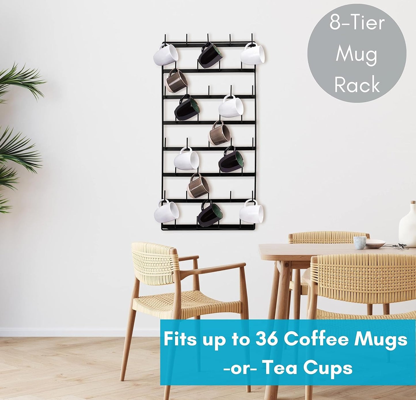 BIRDROCK HOME 36 Peg Coffee Mug Organizer Wall - 8 Tier Wall Mounted Coffee Mug Holder - Tea Cup Display Shelf Wall