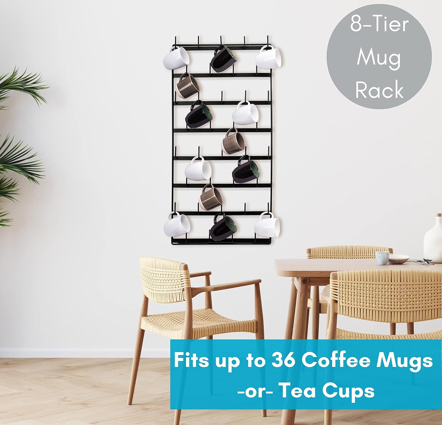 BIRDROCK HOME 36 Peg Coffee Mug Organizer Wall - 8 Tier Wall Mounted Coffee Mug Holder - Tea Cup Display Shelf Wall