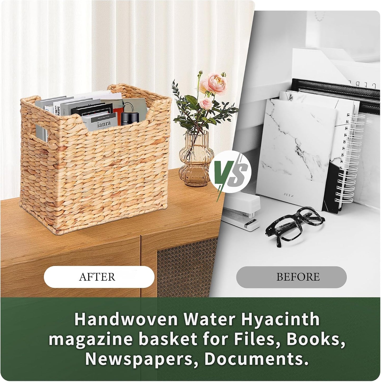 Magazines Holders, Handwoven Magazine Basket for Bathroom, Water Hyacinth Wicker Magazine Rack for Books, Files