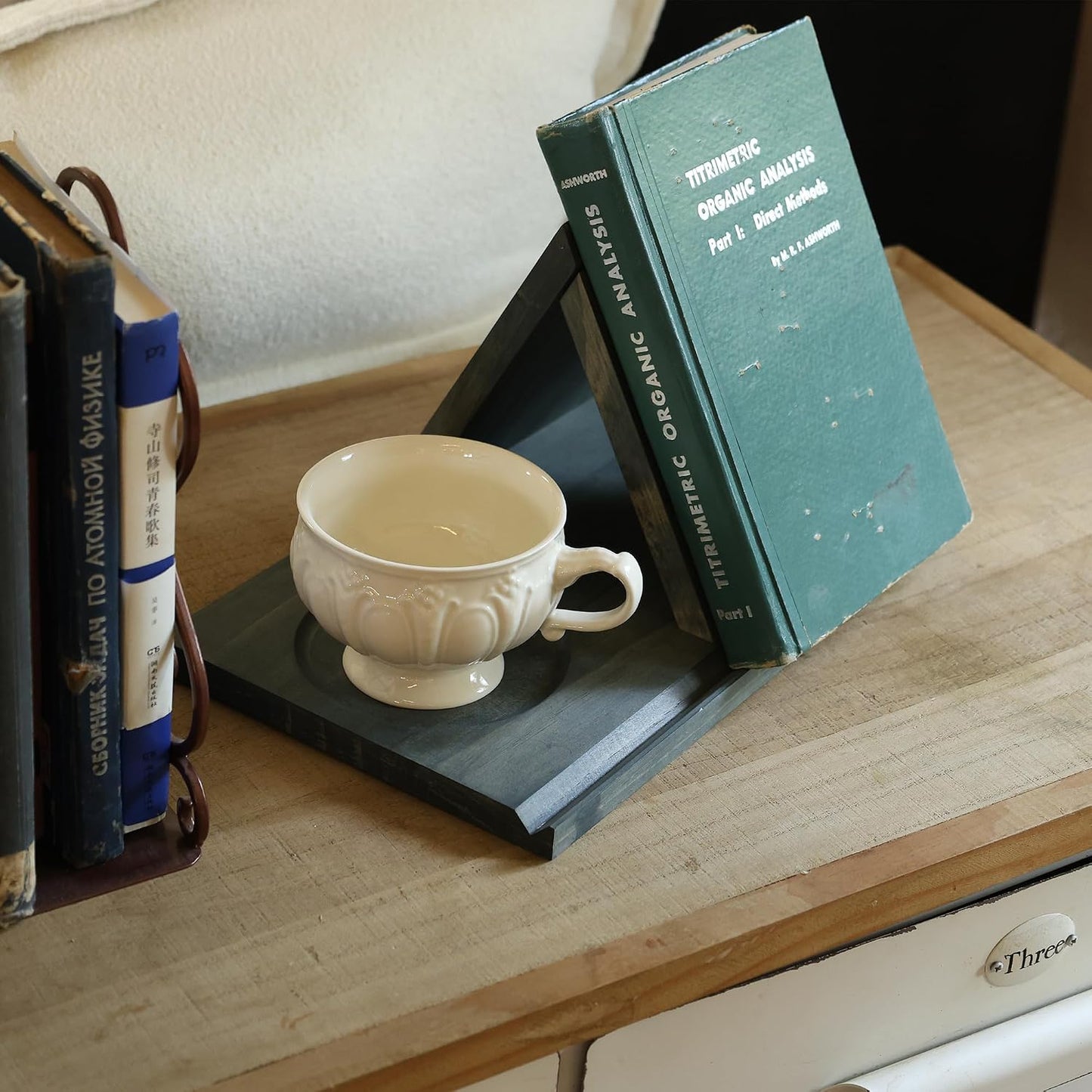 LITIVY Wooden Book Holder with Drink Holder, Wooden Triangle Bookmark Reading Rest with Slotted, Book Display Bookmark