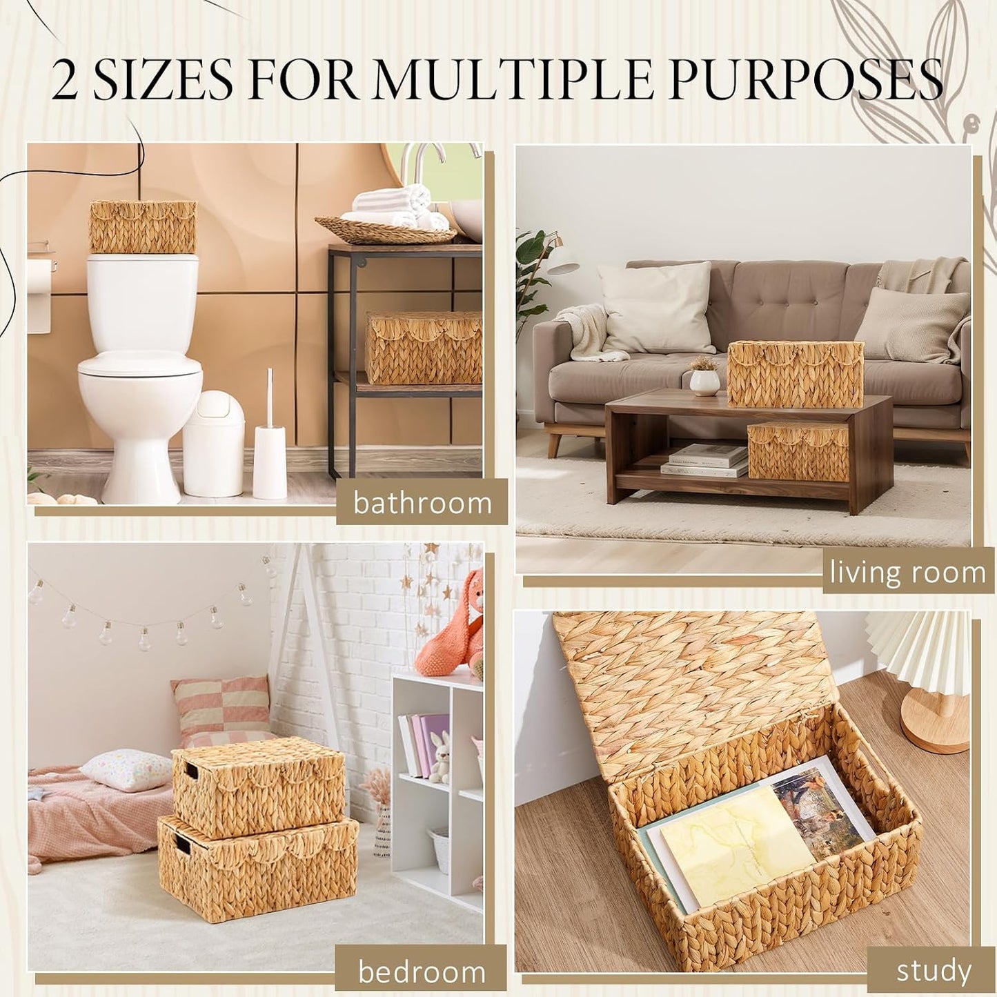 Scalloped Edge Wicker Basket Set / Water Hyacinth / Set of 2