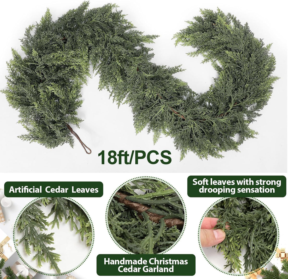 1 Pcs 18 ft Artificial Christmas Cedar Garland | Thick & Lush, Simulation Faux Cedar, Green Fake Pine Needles Garland