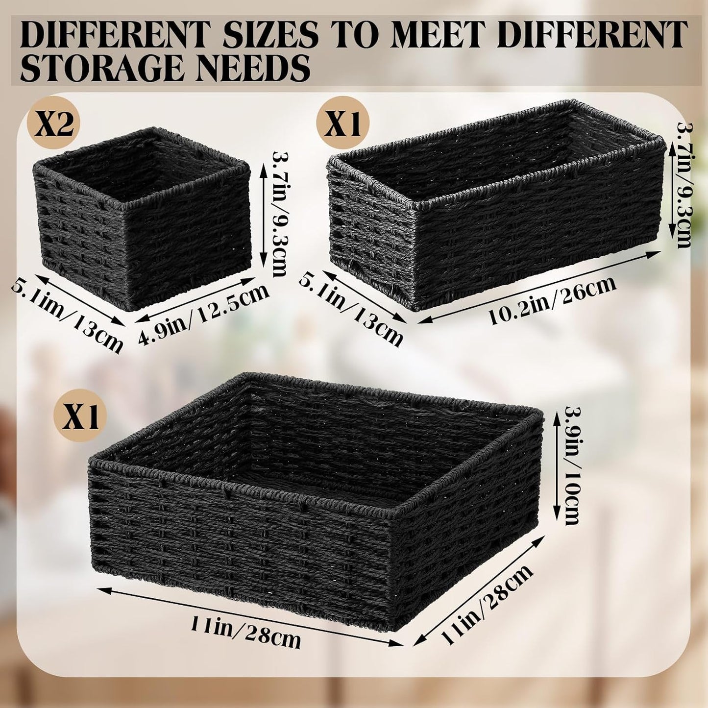 Storage Baskets Set Rustic Paper Rope Woven Decorative Basket / Classic / Black / Set of 4