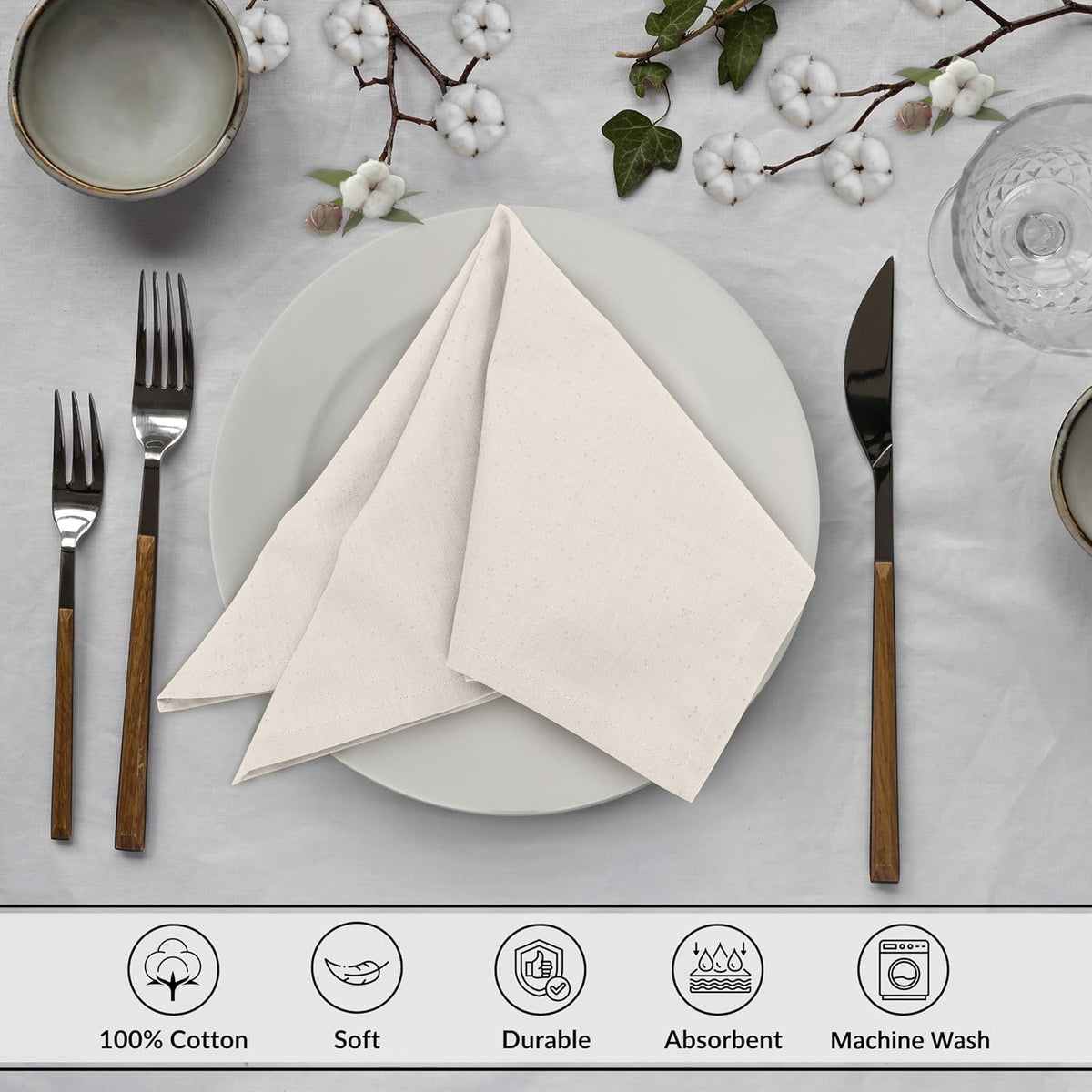 Ruvanti Cloth Napkins Set of 12, 100% Cotton 18”x18” - Natural Color | Washable, Soft, Durable & Absorbent Everyday