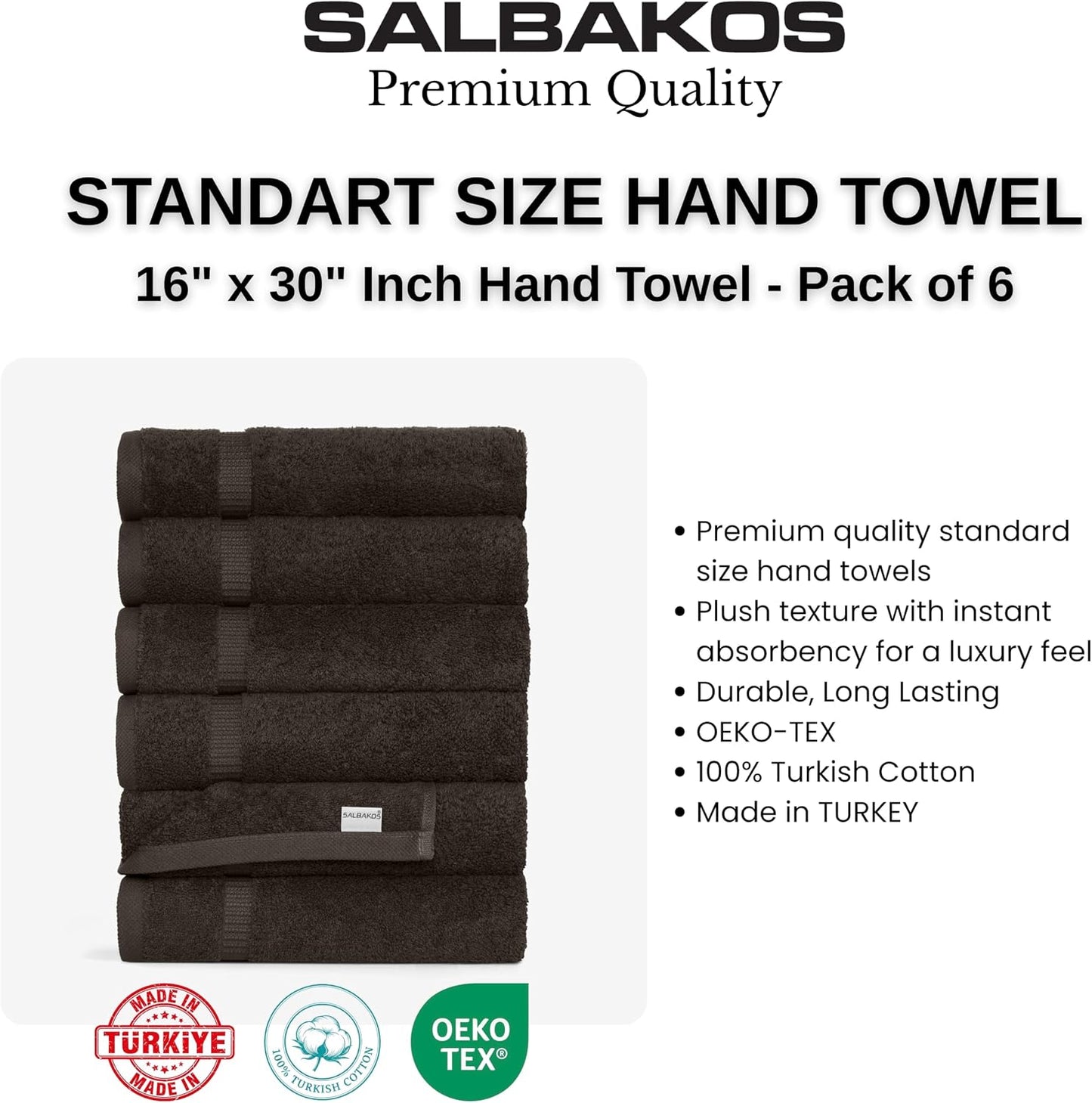 SALBAKOS 6-Piece 100% Turkish Cotton Hand Towels, 16x30 inch, Chocolate | Large Size Thick Super Soft Highly Absorbent