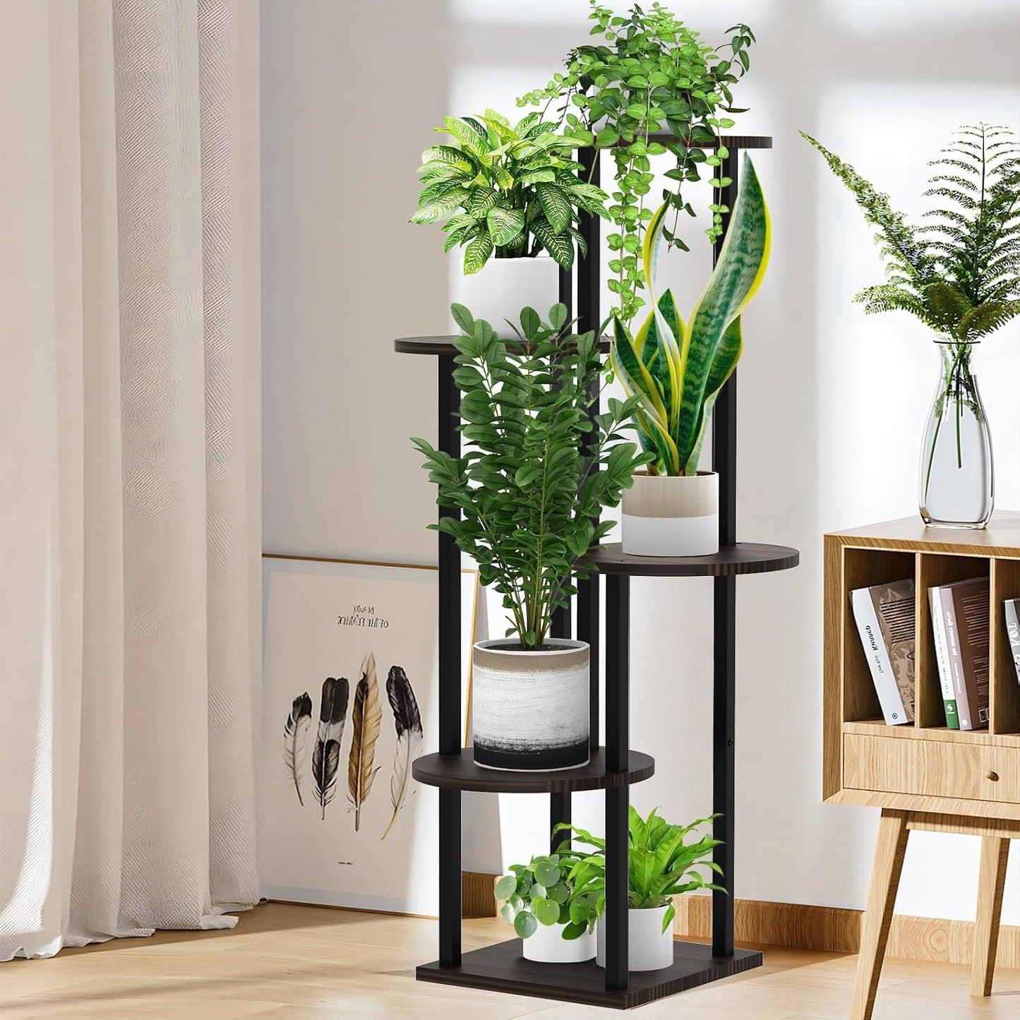 5 Tier Wood Tall Plant Stand Metal Rack Indoor, Multiple Flower Pot Holder Shelves Corner Rack, Round Planter Shelf