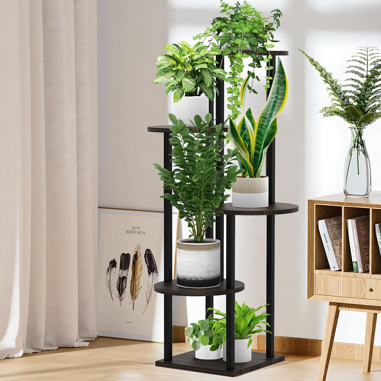 5 Tier Wood Tall Plant Stand Metal Rack Indoor, Multiple Flower Pot Holder Shelves Corner Rack, Round Planter Shelf