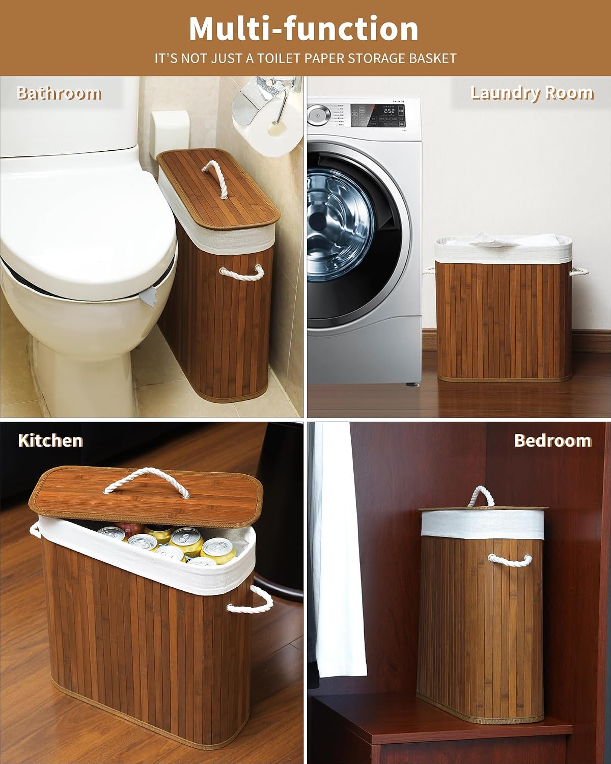 Bamboo Toilet Paper Storage with Lid & Handel, 8 Gallons (30L), Sturdy Toilet Paper Basket, Organizer for Bathroom