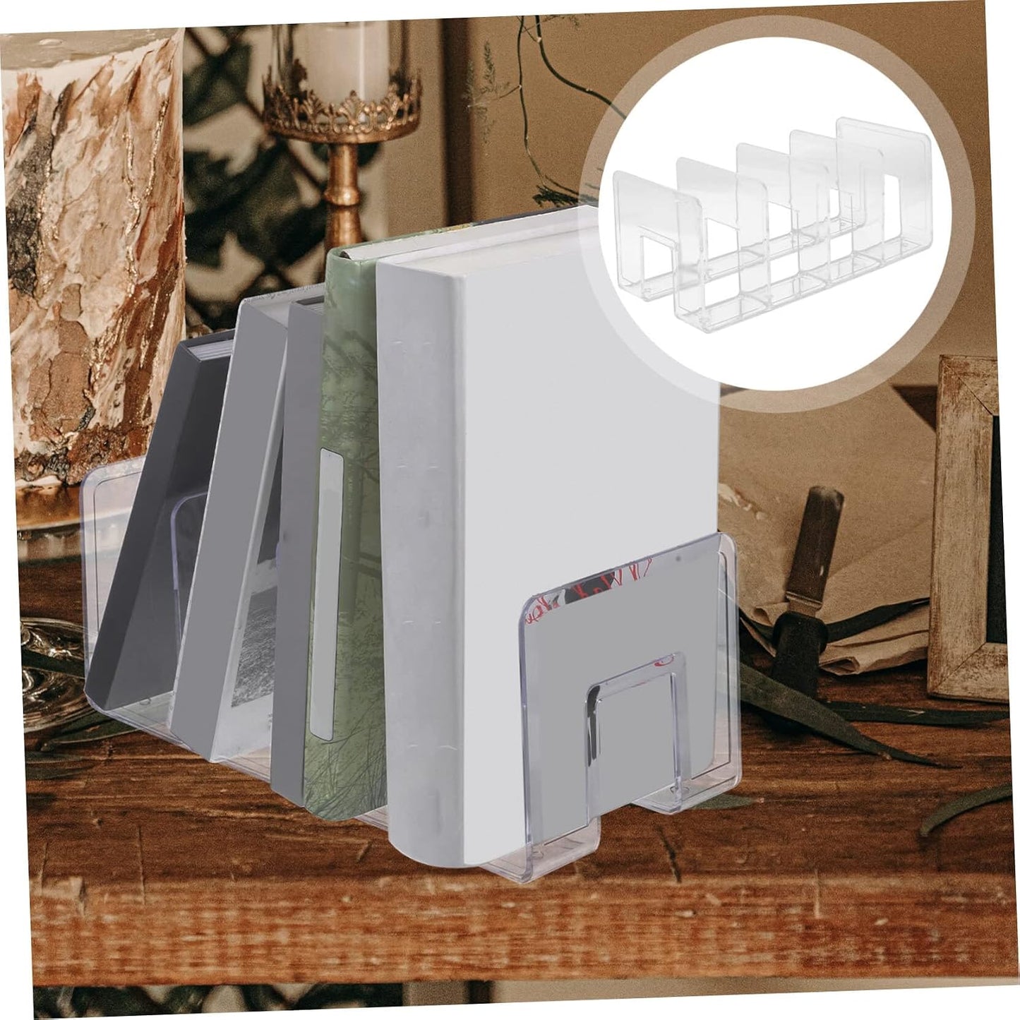 4 Bookends Storage File Boxes Non- Skid Bookend Document Rack Folders for Filing Cabinet / Clear