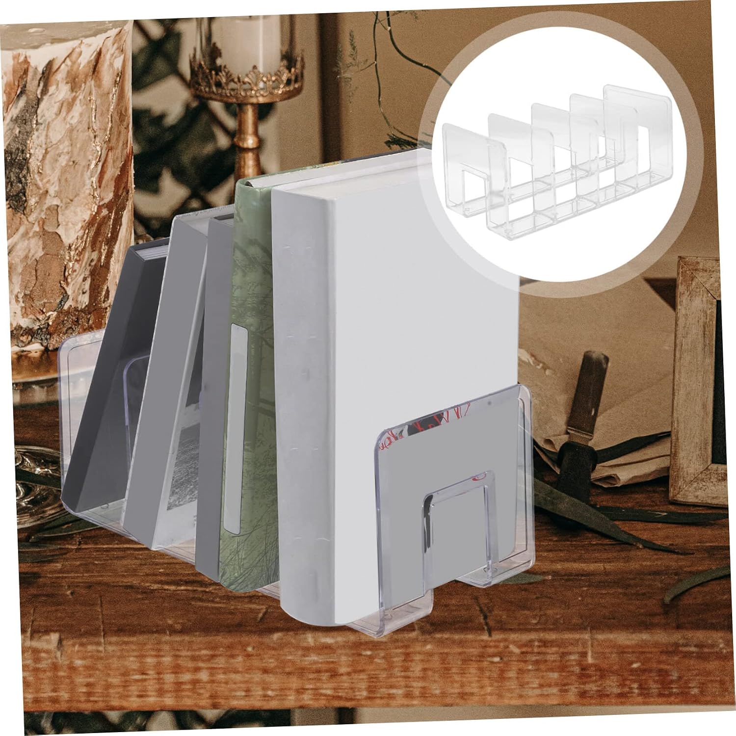 4 Bookends Storage File Boxes Non- Skid Bookend Document Rack Folders for Filing Cabinet / Clear