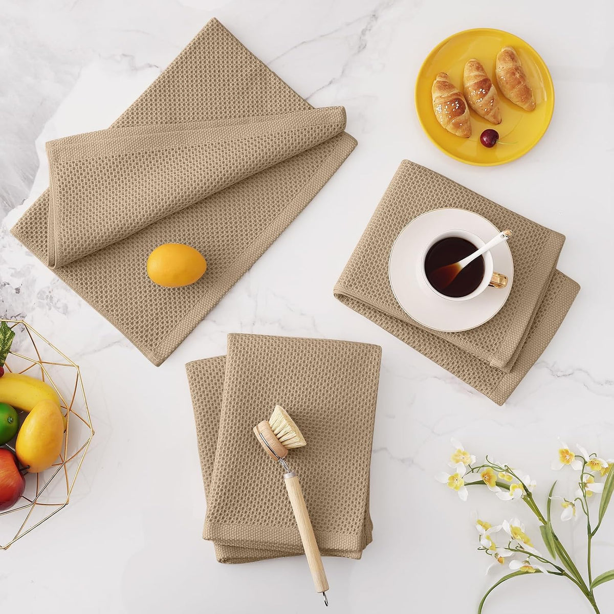 Homaxy 100% Cotton Oversized Waffle Weave Kitchen Towels 4-Pack, Tan | 20 x 28 Inches, Ultra Soft Absorbent Dish