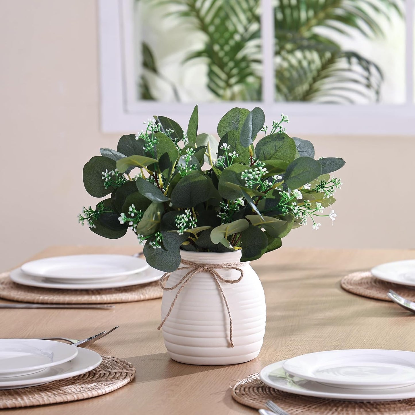 Ceramic Vase / Faux Decorative Plants / White