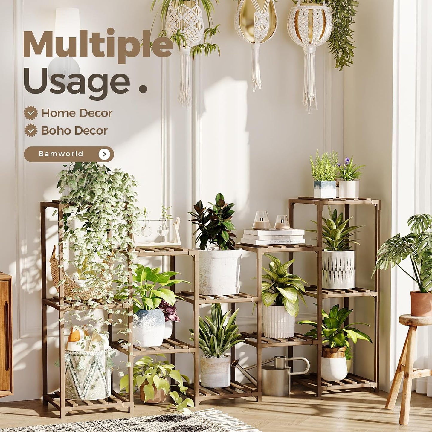 Bamworld Large Plant Shelf Outdoor Wood Plant Stand Large Rack for Living | Room Patio, Balcony and Garden
