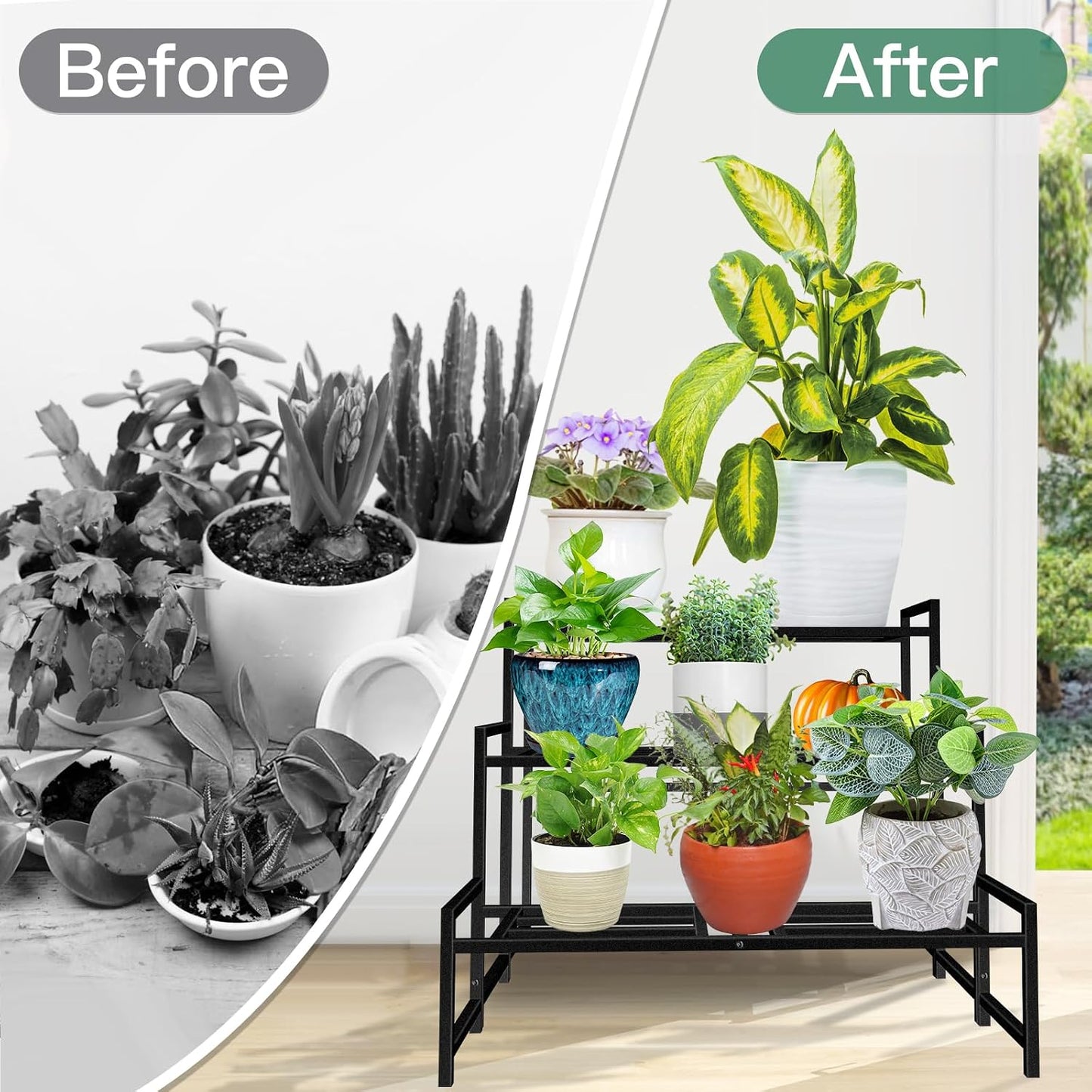 Plant Stand Indoor Outdoor, 3-Tier Stackable Wrought Iron Plant Stands | Metal Plant Shelf Decorative Outdoor Flower