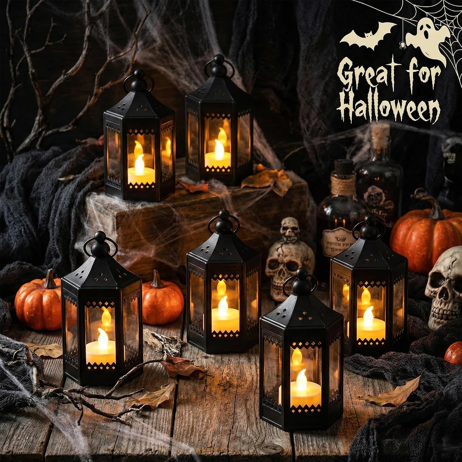 Vela Lanterns Tea Light Candle Holders, Mini Table Centerpieces, Black | Halloween & Wedding Decor, Decorative Indoor