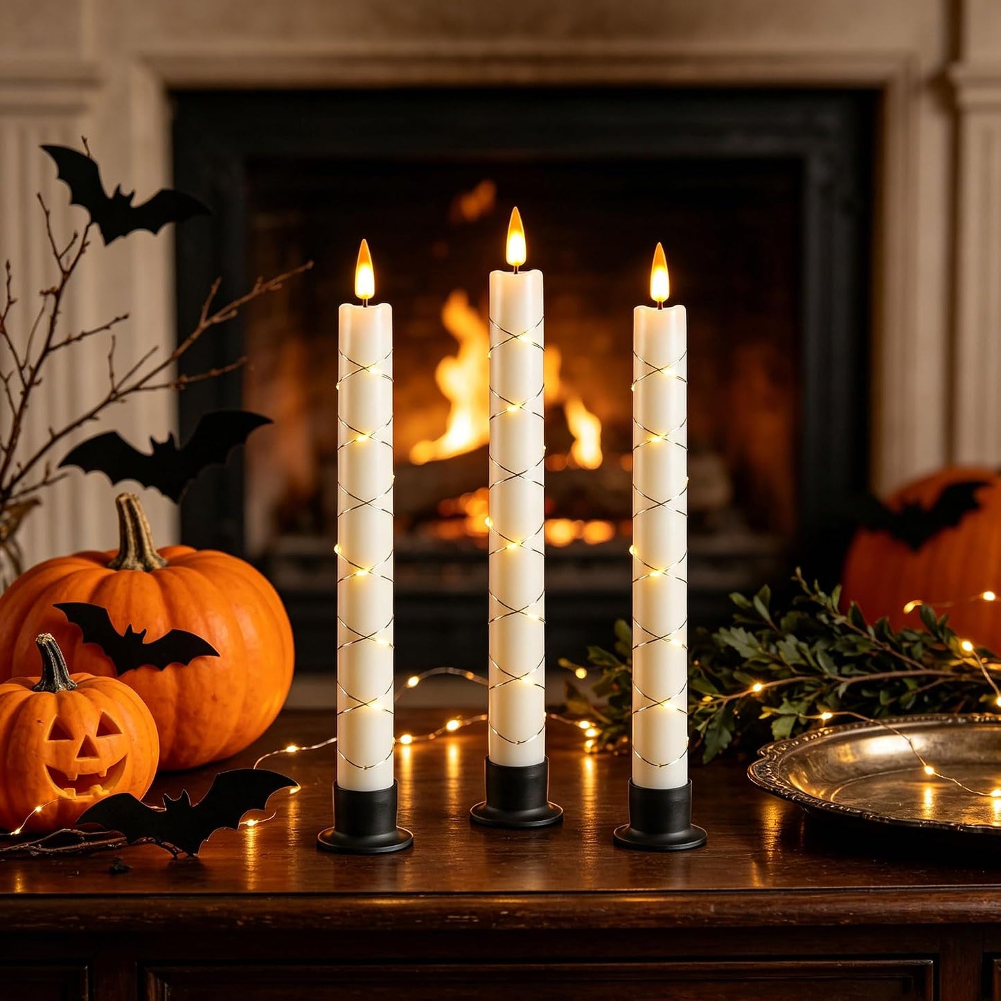 Da by 3 Pack Ivory Heat Resistant Flameless Taper Candles, Cross Surrounding Fairy String Lights, Realistic Dynamic