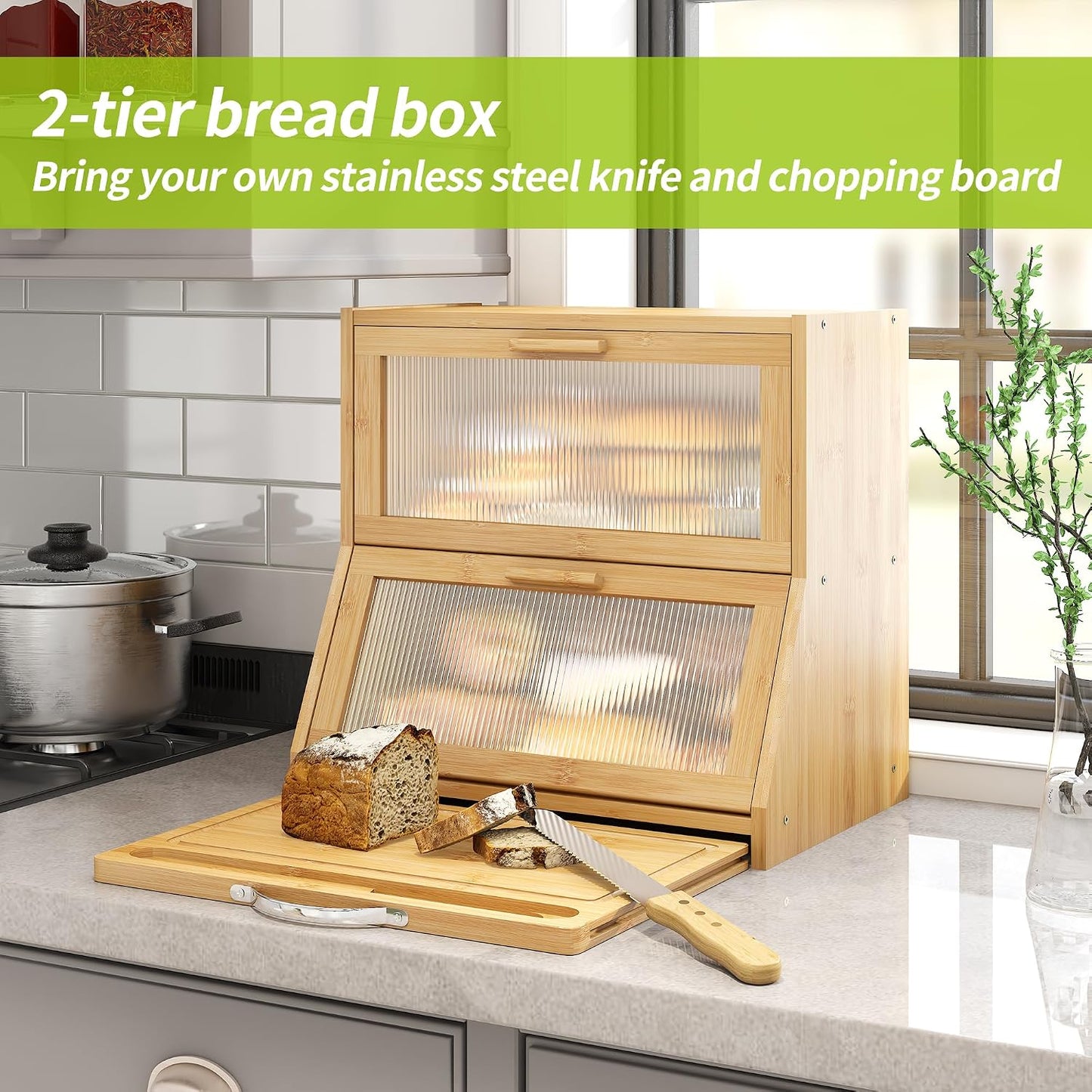 BMOSU Double-Layer Large Bread Box with Cutting Board for Kitchen Countertop Bread Box With Frosted Glass Window