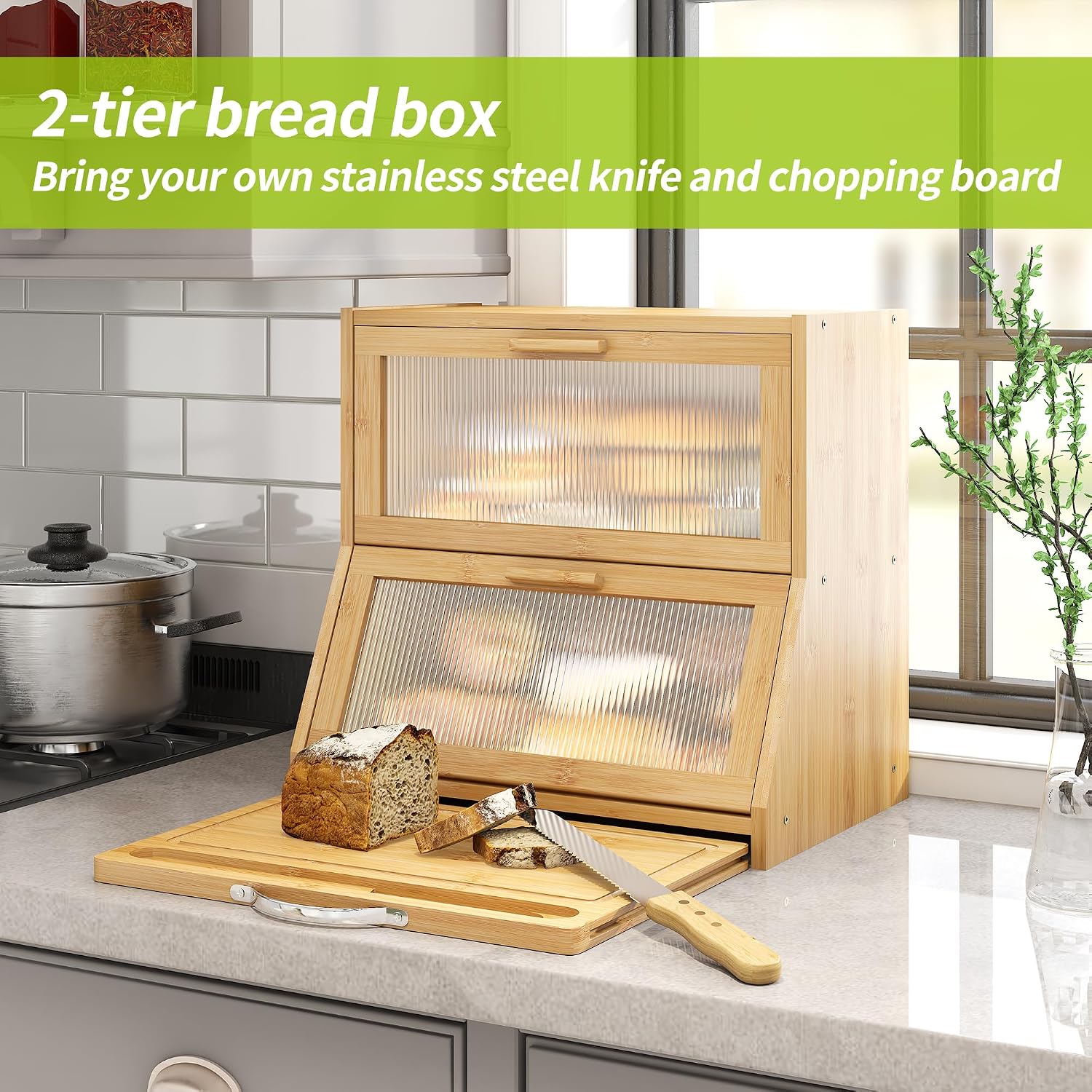 BMOSU Double-Layer Large Bread Box with Cutting Board for Kitchen Countertop Bread Box With Frosted Glass Window