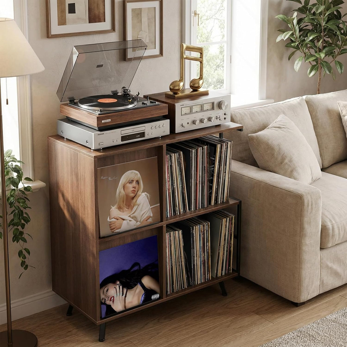 Faesun 3 Tier Record Player Stand with Flip-Down Record Shelf, Walnut | Vinyl Record Storage Holds up to 300+ Albums