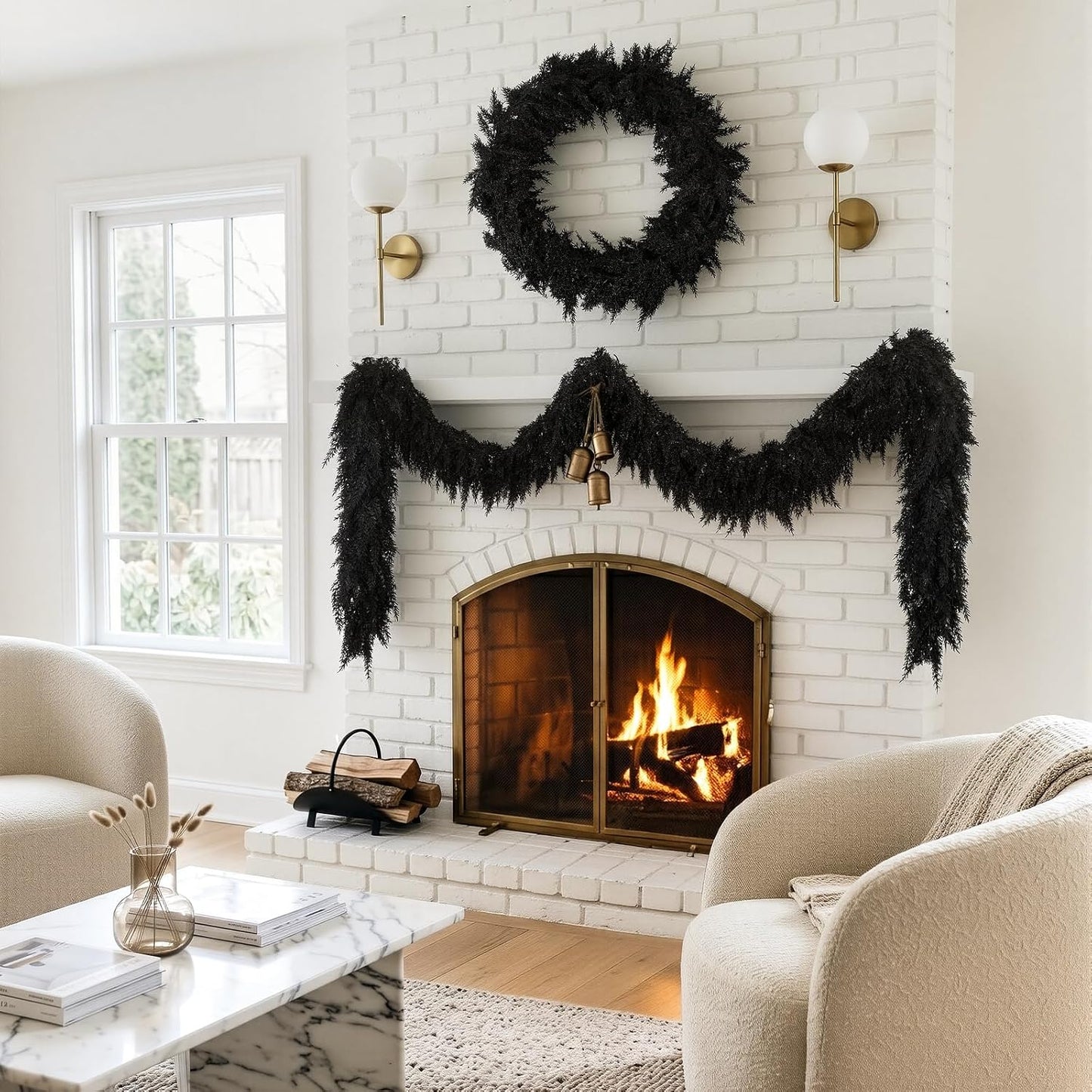2PCS 9FT Halloween Cedar Garland, Black Real Touch Christmas Decorations | Realistic Thick Soft Full Lush Artificial