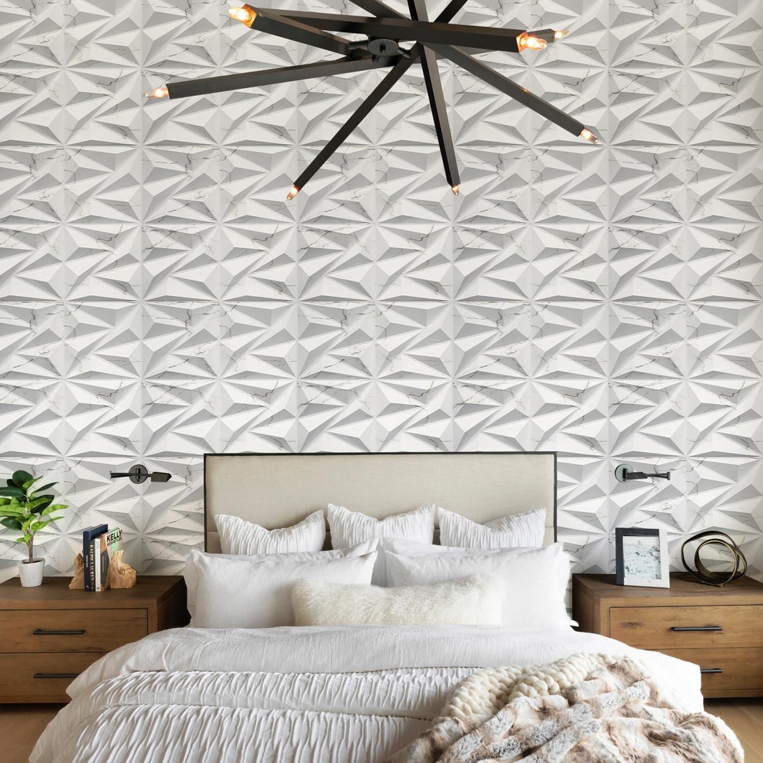 STICKGOO 3D Wall Panels Diamond, White Marble Mixed Gold Thread, 12''x12'' | Accent Wall Panels for Interior Wall