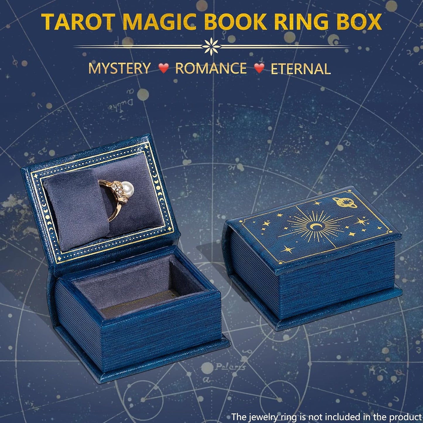 Vintage Magic Book-Shaped Ring Box Starry Sky Pattern PU Leather / Blue