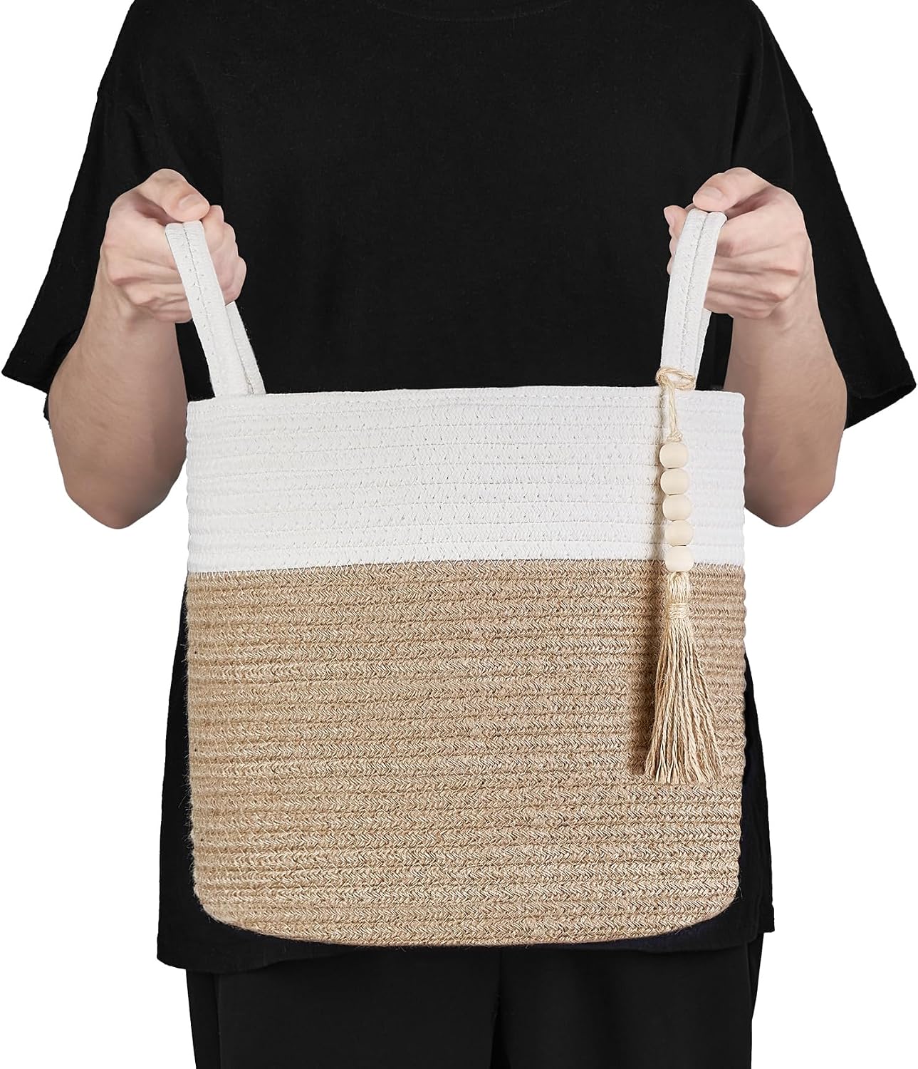 Woven Storage Basket Decorative Rope Basket Wooden Bead / Cream White and Brown / 11"W x 11"L