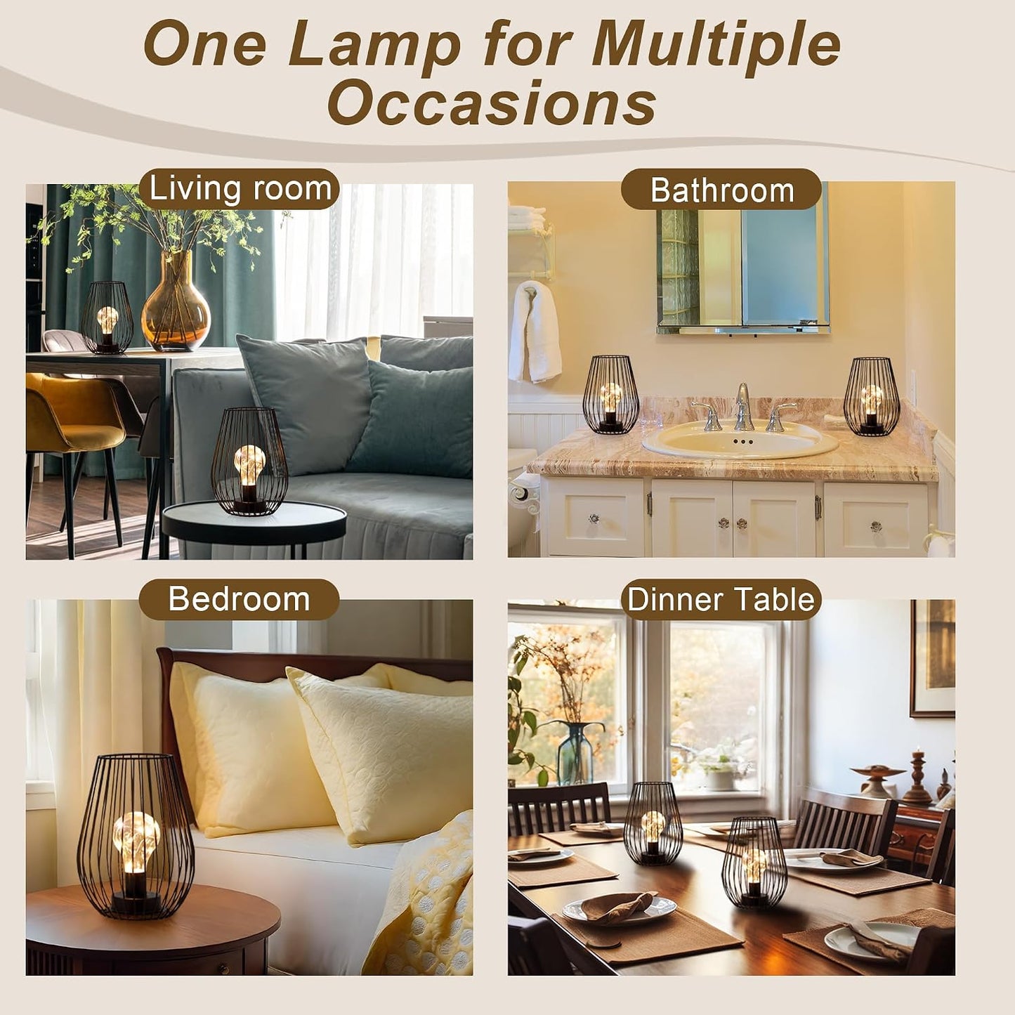 TRIROCKS Metal Cordless Table Lamp - 8'' Tall Set of 2 Cage Shape Battery Operated Lamp with Fairy Lights Bulb for