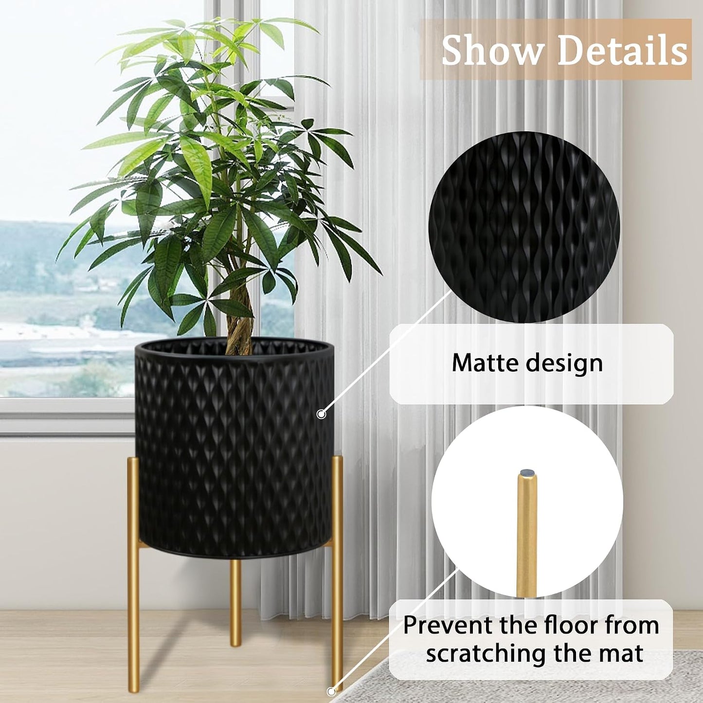 ARNIS Plants Pots with Stand, Large Size Flower Pots, Set of 2 Unique Mid Century Decorative Metal Flower Pots with
