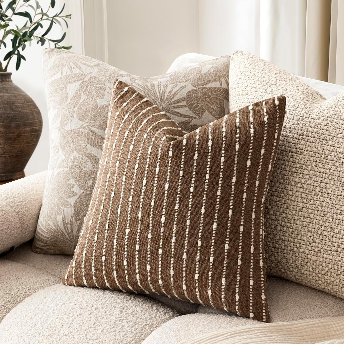 Decorative Jacquard Boucle Throw Pillow Covers Accent Textured Striped / 18 x 18 / Brown / Set of 2
