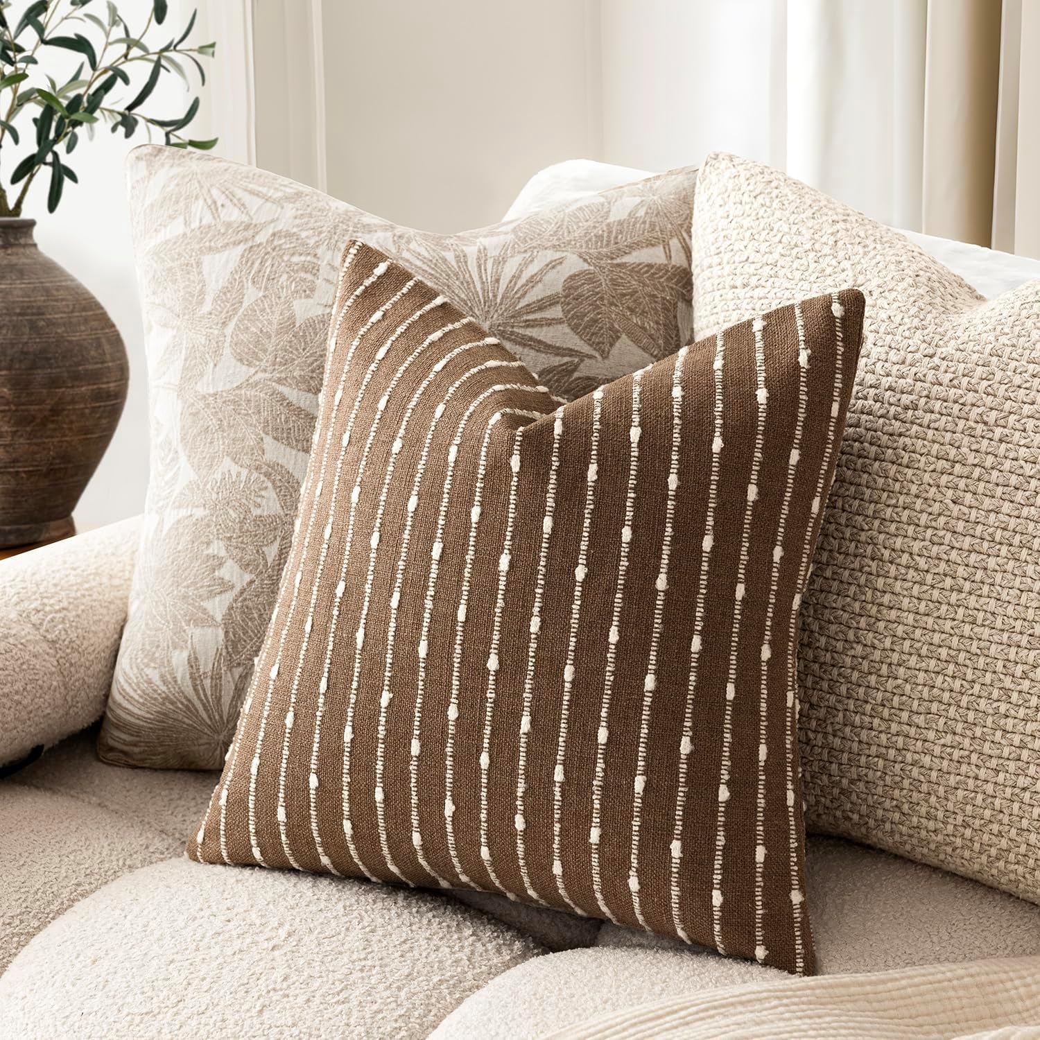 Decorative Jacquard Boucle Throw Pillow Covers Accent Textured Striped / 18 x 18 / Brown / Set of 2