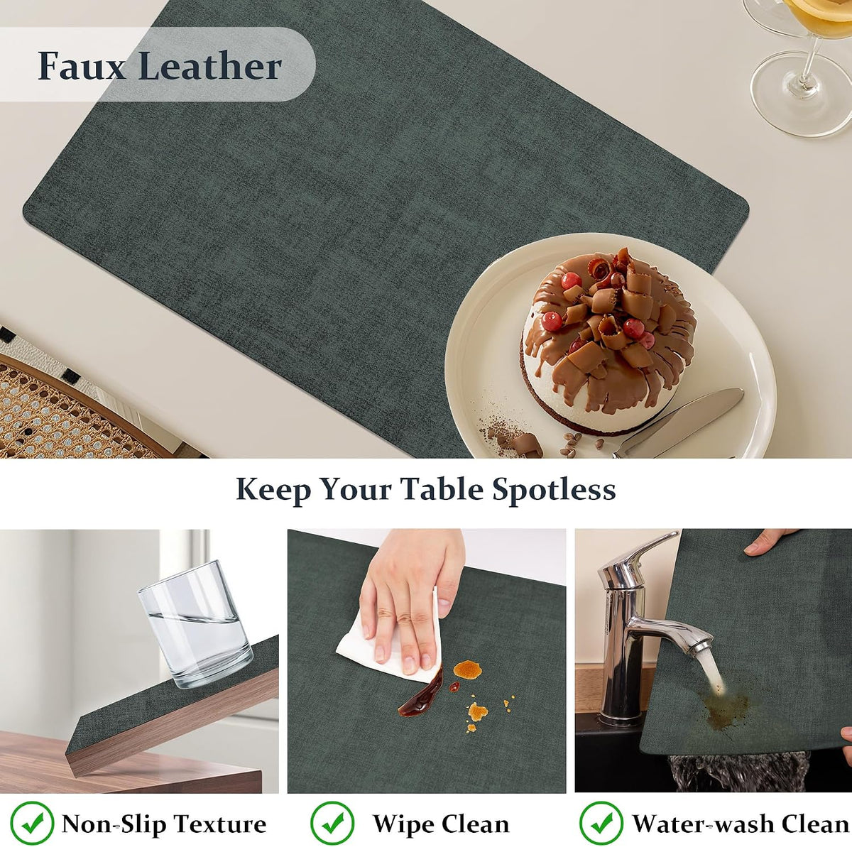 FROMHEART Faux Leather PU Placemats Set of 8 (Dark Green,11.8" x 17") | Waterproof,Heat/Oil Stain-Resistant Table