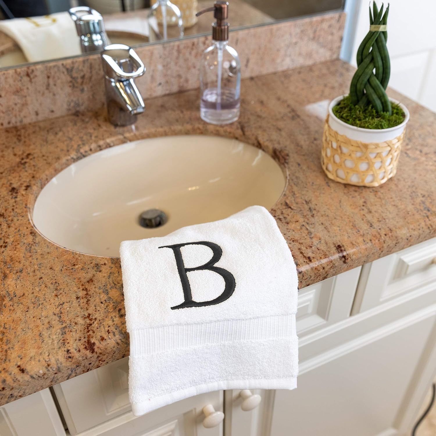 White with Dark Gray Monogrammed Hand Towels for Bathroom Set of 2 Letter B | Luxury Hotel Quality Initial Towels For