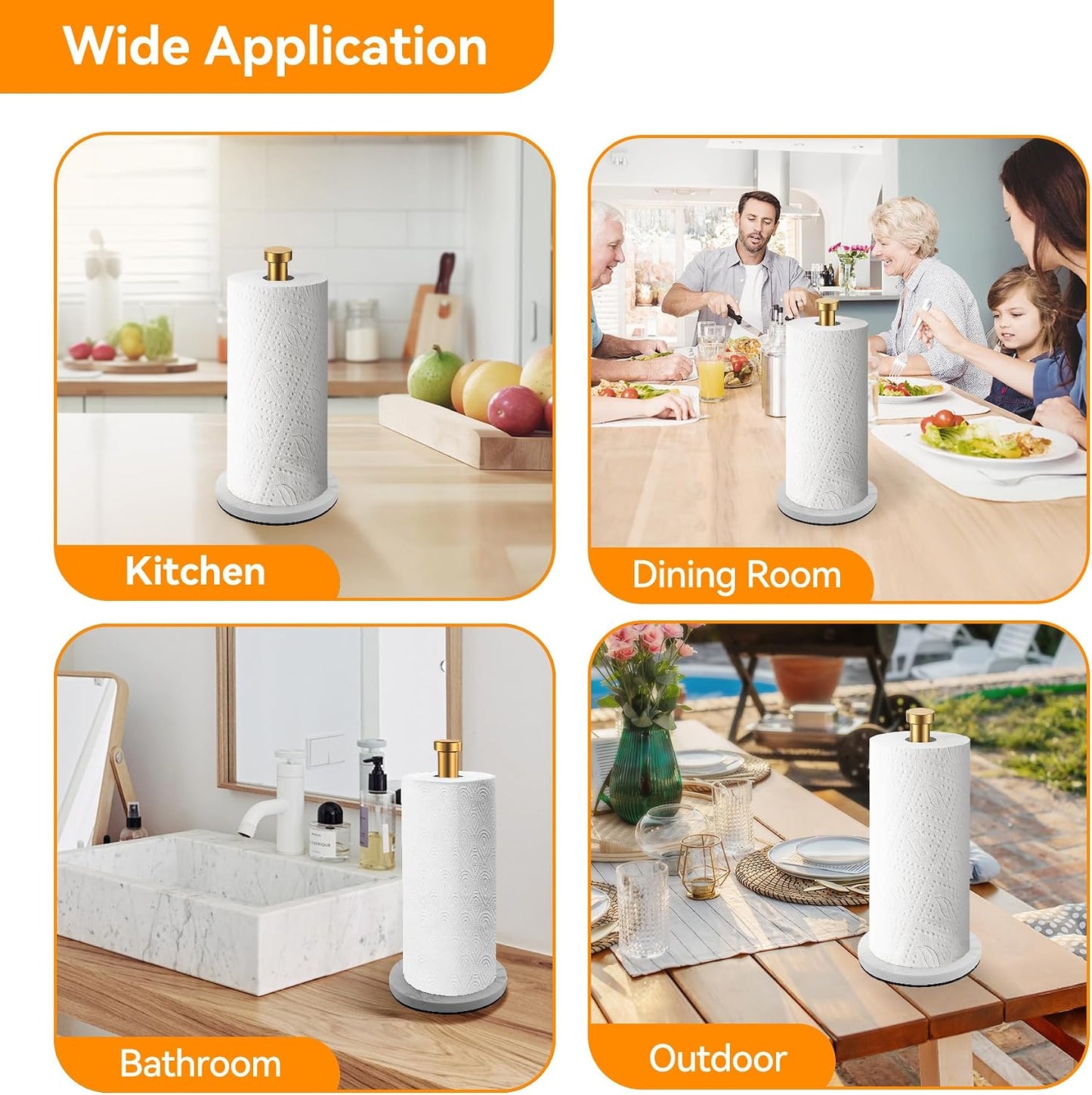 Gold Paper Towel Holder, with Anti Slip Weighted Marble Base | Stainless Steel, One Handed Operation, Countertop Towel