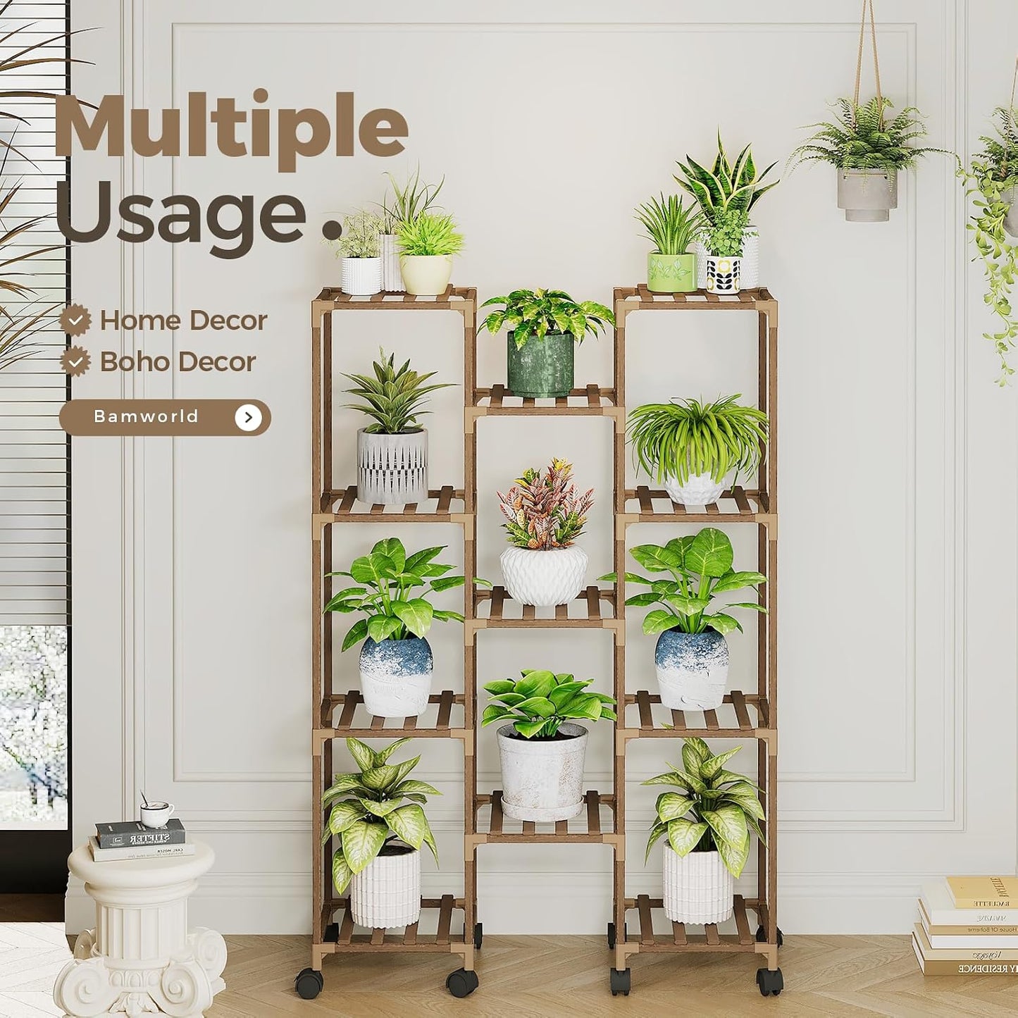 Bamworld Plant Stand With Wheels Indoor Outdoor Wood Plants Shelf for Multiple Plants 11 Pots,Tall Large Flower Holder