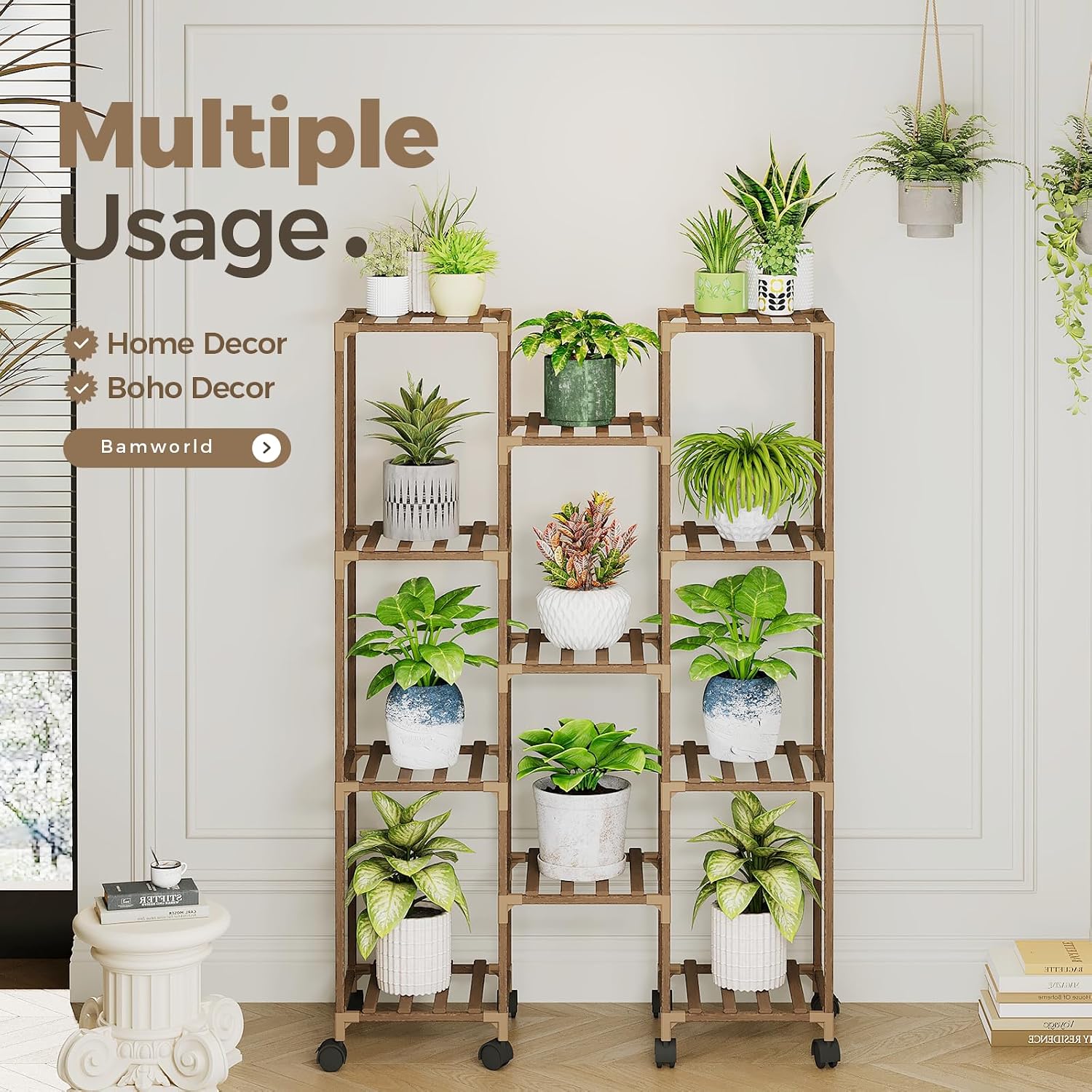 Bamworld Plant Stand With Wheels Indoor Outdoor Wood Plants Shelf for Multiple Plants 11 Pots,Tall Large Flower Holder