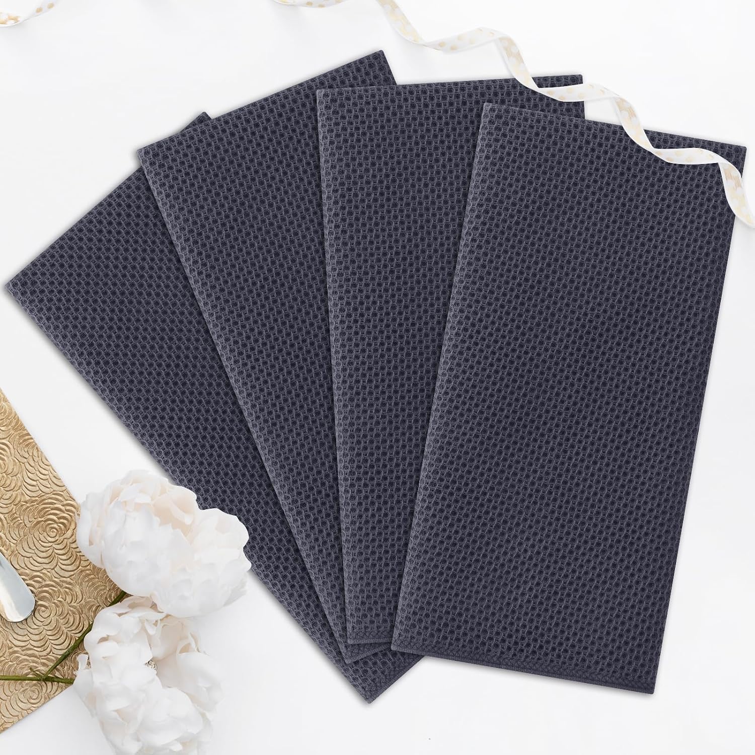 Kitinjoy 100% Cotton Waffle 4-Pack Kitchen Towels, 20" x 28", Dark Grey | Super Soft, Ultra-Absorbent, Fast Drying