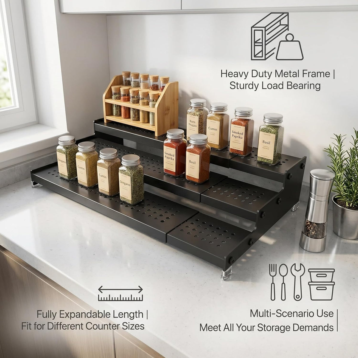 Expandable 3-Tier Spice Metal Shelf Rack, Black, 2 Packs | Kitchen Cabinet and Pantry Organizer, Seasoning Storage