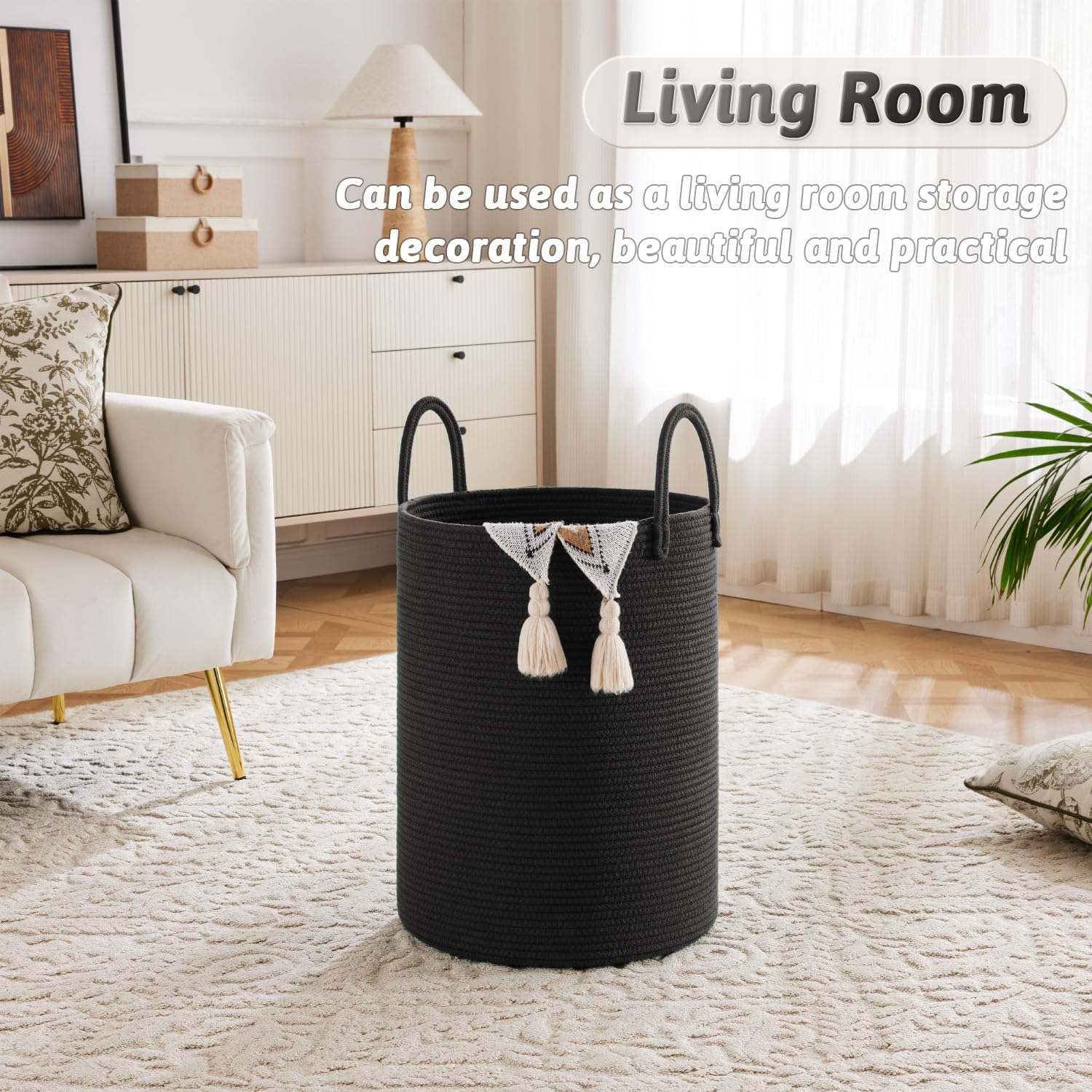 Laundry Basket / Woven Cotton Rope Laundry Hamper / Dark Black / 80L