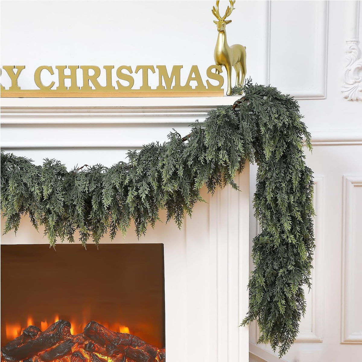1 Pcs 15 ft Artificial Christmas Cedar Garland | Thick & Lush, Simulation Faux Cedar, Green Fake Pine Needles Garland
