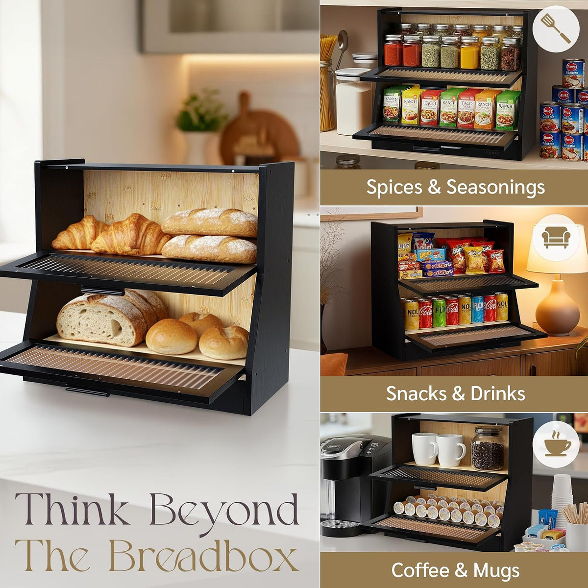 Bread Box for Kitchen Countertop - Bamboo Wood Breadbox with Knife Storage, Ventilation Holes - Farmhouse Loaf