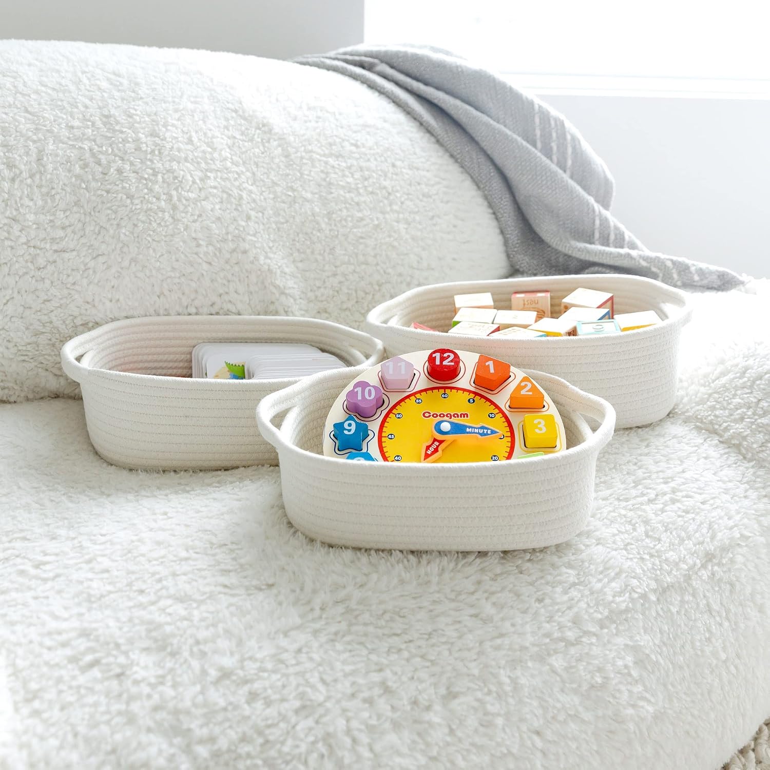 5-Piece Rectangle Storage Basket Set- Natural Cotton Rope Woven for Organizing! Small / Off White