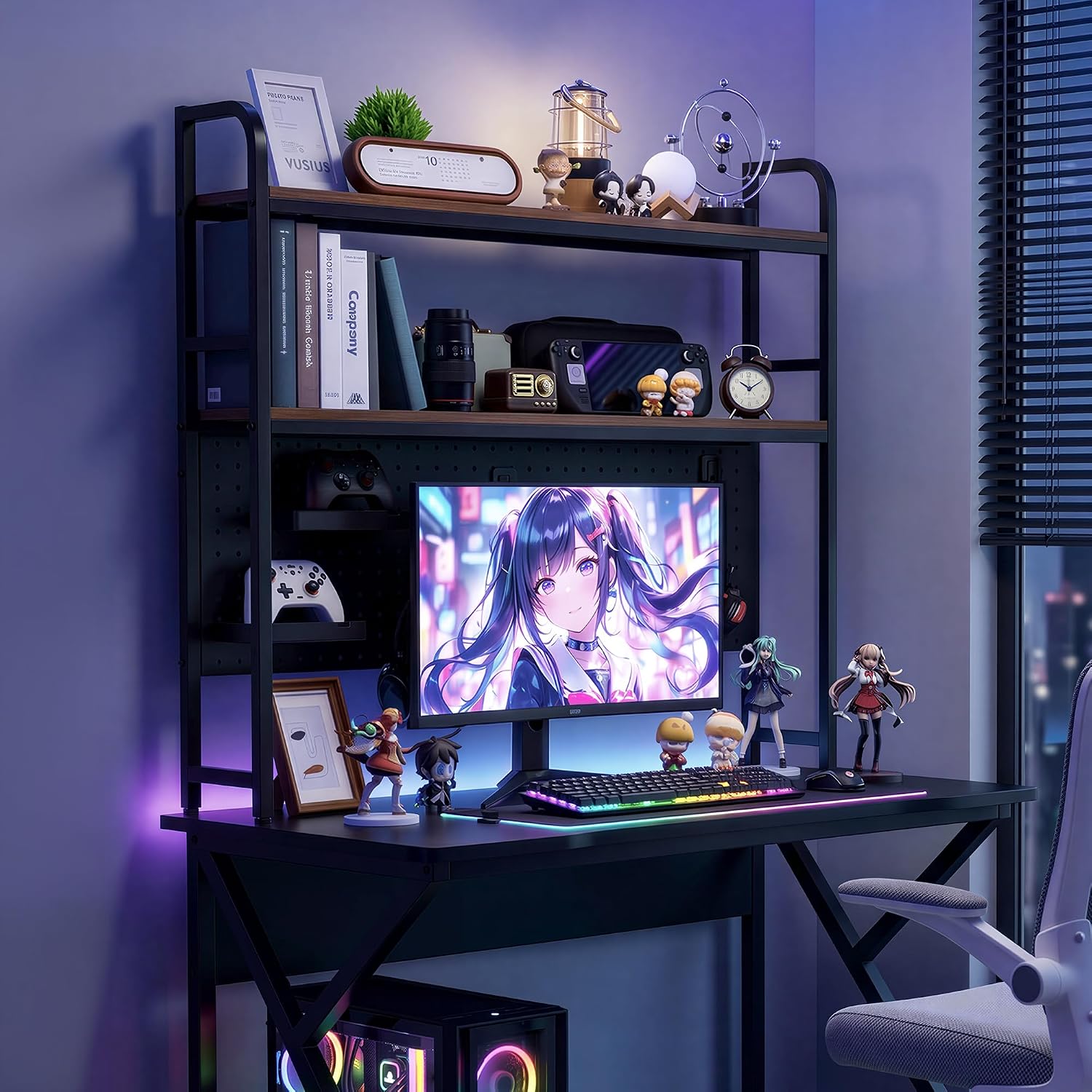 deli Desktop Shelf, Desk Hutch with Metal Pegboard, Black | 2-Tier Desktop Display Rack, 4 Accessories, Multipurpose