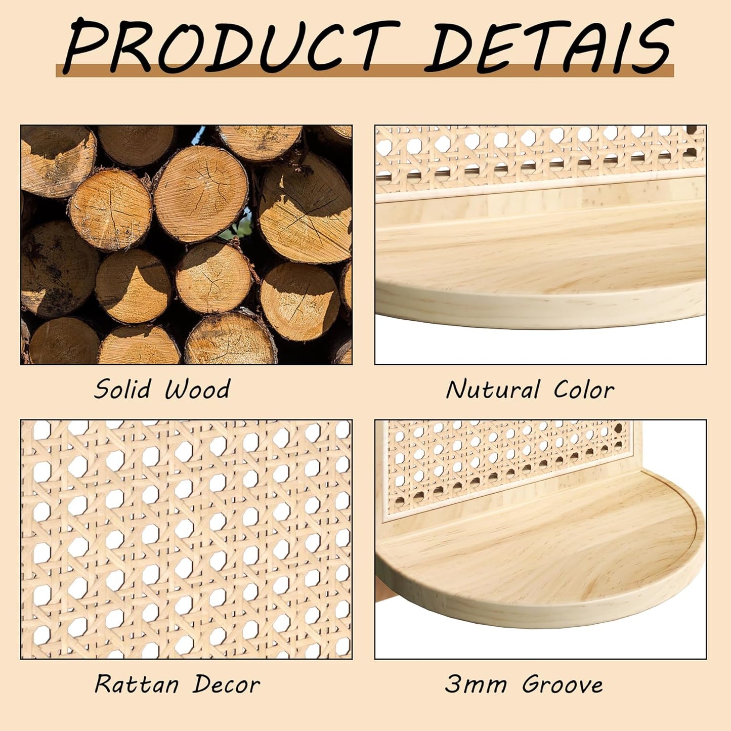 7'' Rattan Shelves / Natural / 9.25*5.41*11.61 Inch / Set of 3